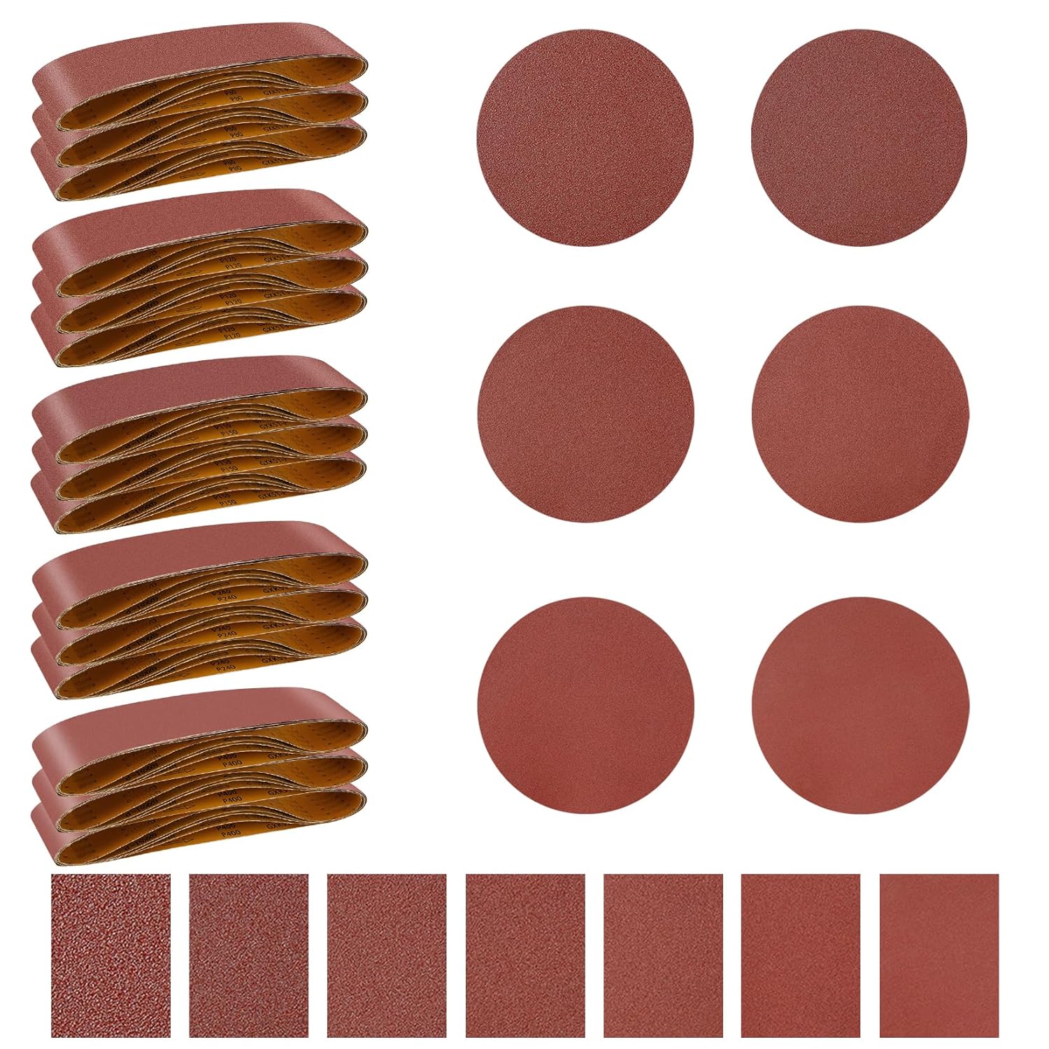 ONLYFU 33PCS 4 x 36 Inch Alumina Sanding Belts (80/120/150/240/400 Grits) with 6 Grits 6-Inch Self Stick No Hole Sanding Disc for Aluminum Oxide Sanders, Sandpaper for Wood Metal Stainless Steel