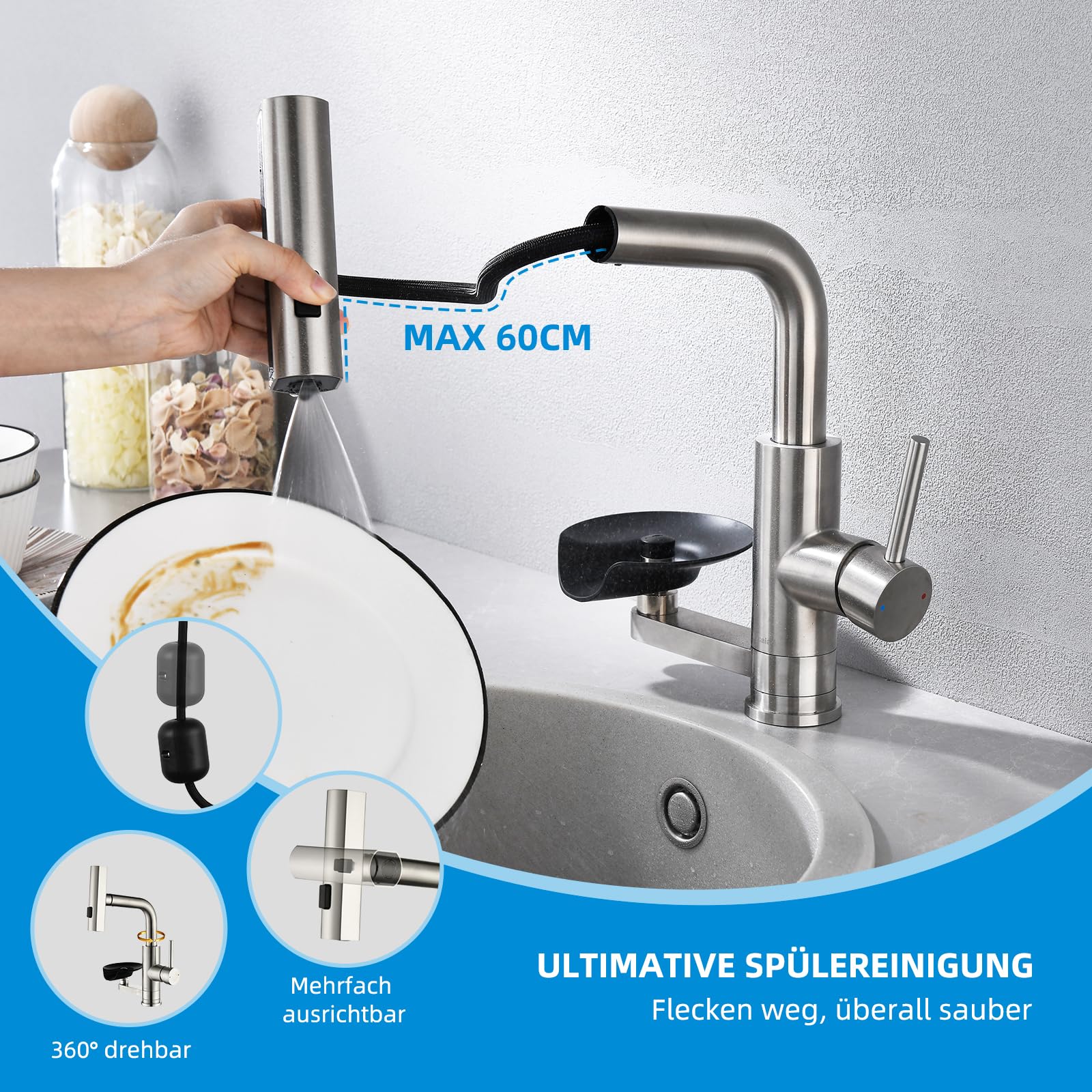 Küchenarmatur Wasserhahn Küche Glasspüler, Ausziehbar 3 Strahlarten | Spültischarmatur Küche Mynaiad mit Glasspüler, 3 Auslauf-Modi, 360°-Drehung, Schwarz 304 Edelstahl, für Küche, Bad und Bar