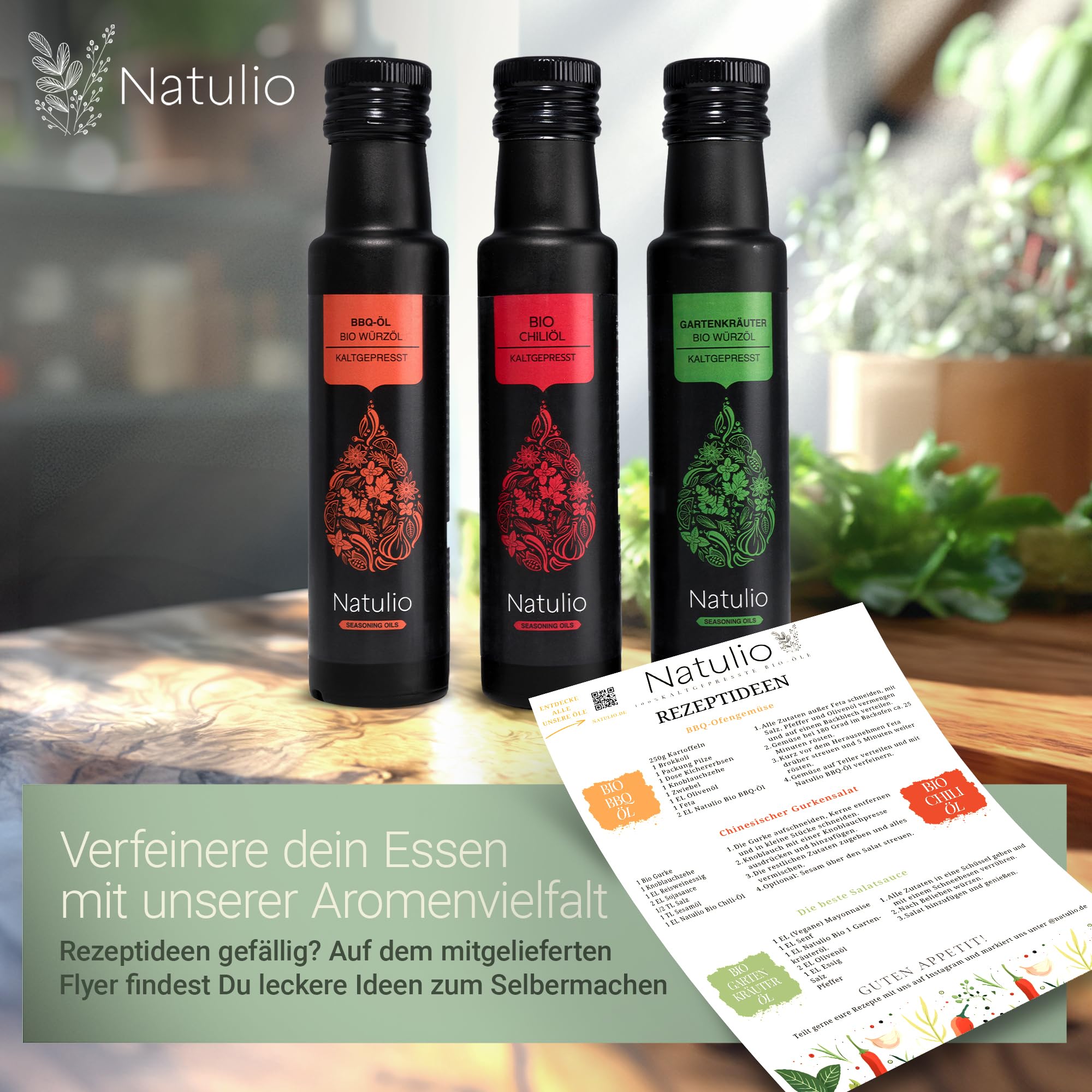 Natulio Bio Öl Geschenkset Gewürzöle kaltgepresst - Geschenkidee - das perfekte Weihnachts-Geschenk für alle Feinschmecker - Geschenkset aus Chiliöl, Gartenkräuteröl & BBQ-Öl - 3x100ml -DE-ÖKO-006