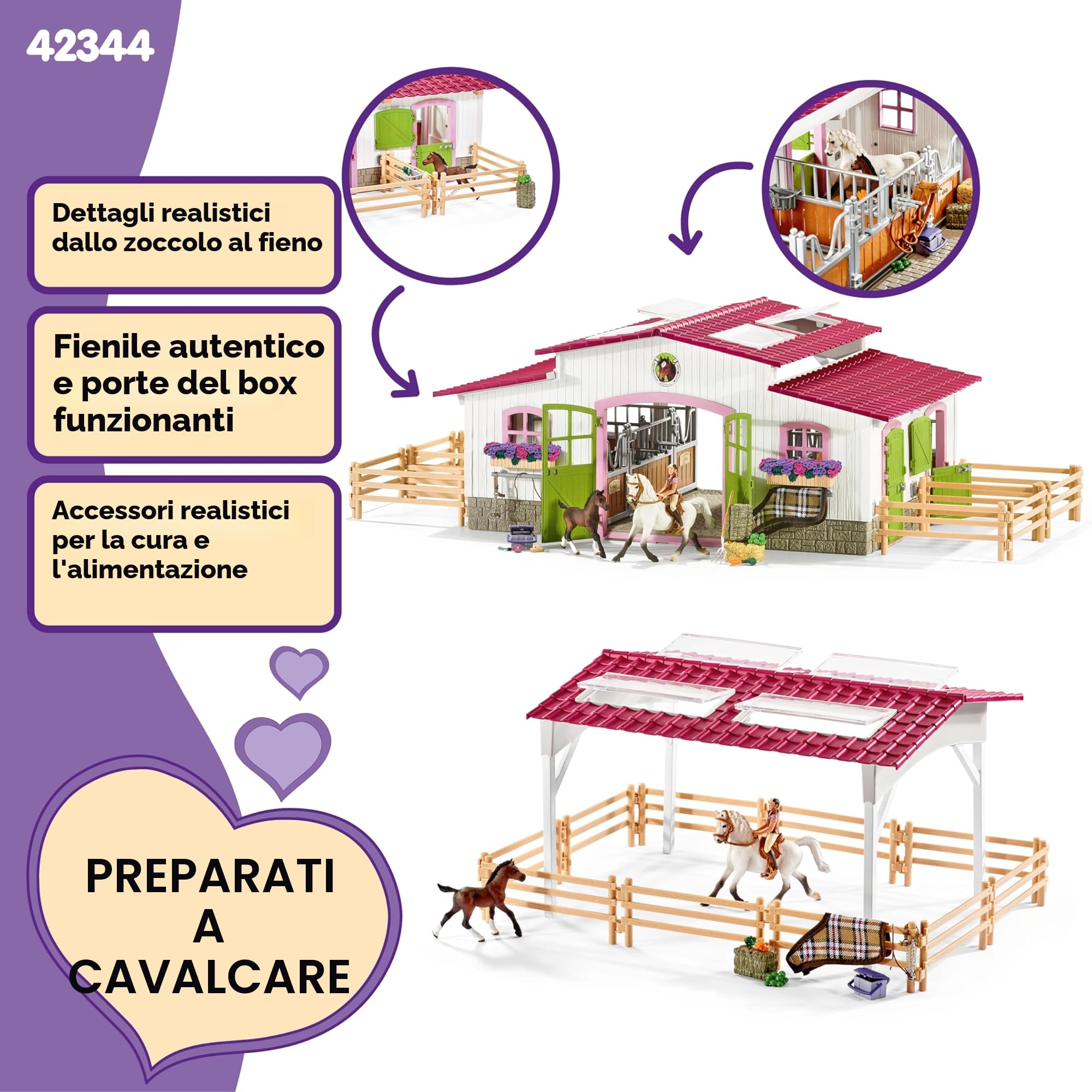 SCHLEICH HORSE CLUB | Maneggio con cavallerizza e cavalli 42344 | Set con scuderia, personaggio e 2 cavalli con accessori | Regalo per bambini | Giocattolo dai 5 anni | 97 pezzi | esclusiva Amazon