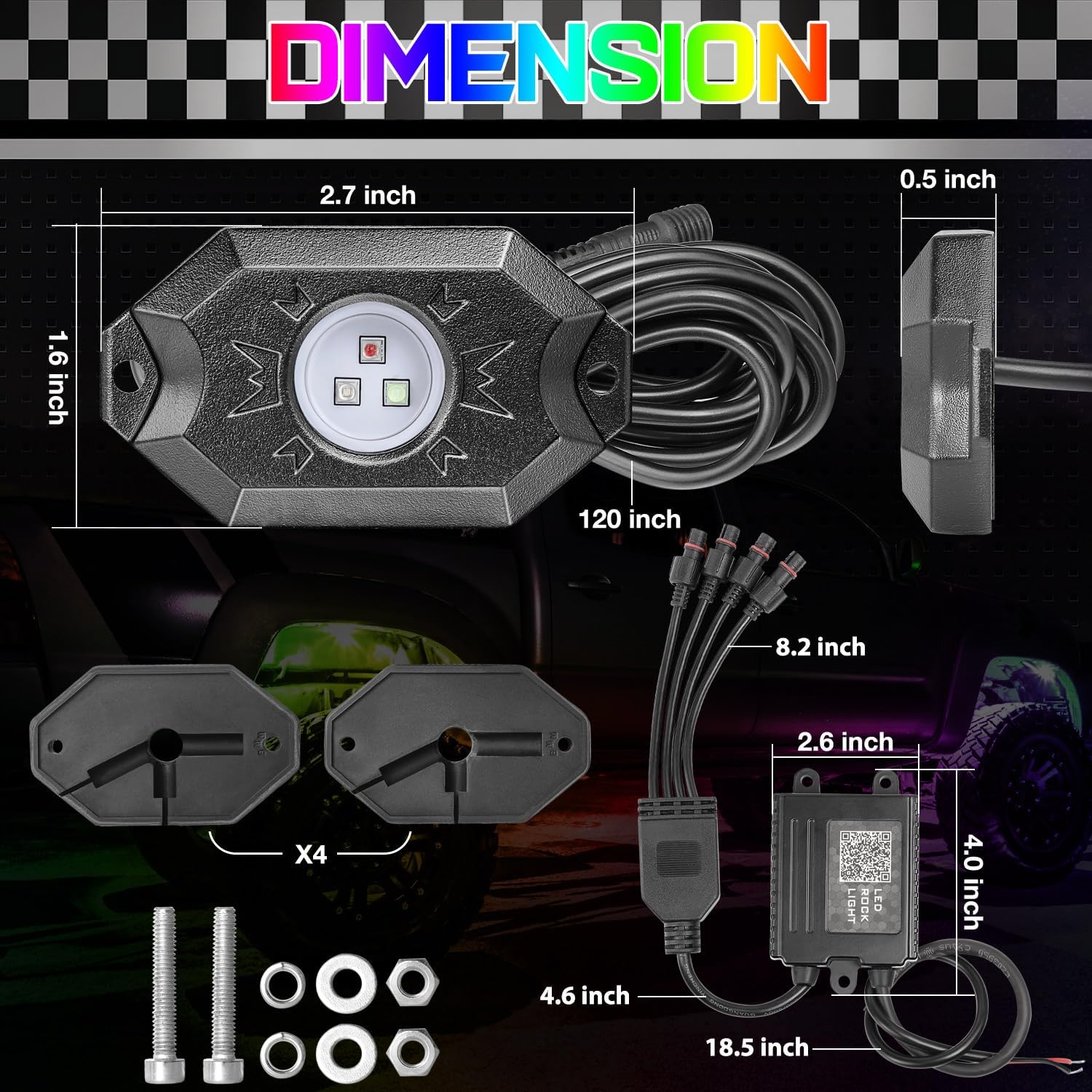 Rock Lights 4 Pods, SWATOW 4x4 Neon Light Kit RGB LED Rocks Underglow Lights Bluetooth Control Multicolor Wheel Well Light for ATV UTV Motorcycle Can-Am Polaris Kawasaki Yamaha Honda