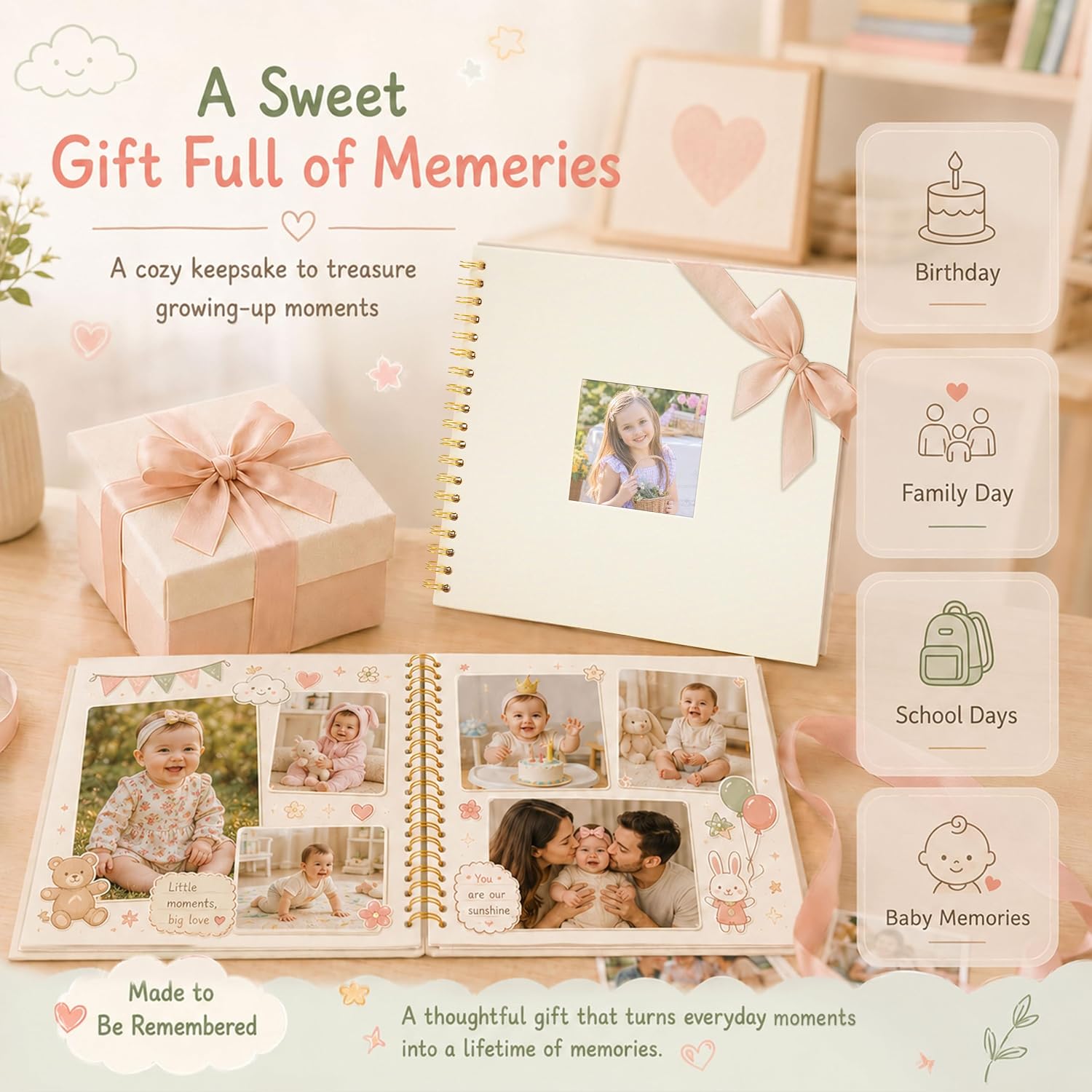 10x10 Inch Self Adhesive Photo Album, Linen Cover Memory Book with Window, 20 Pages (10 Sheets) Scrapbook Album, Spiral Bound DIY Photo Book Fits 2x3, 4x6 & 5x7 Photos, Beige