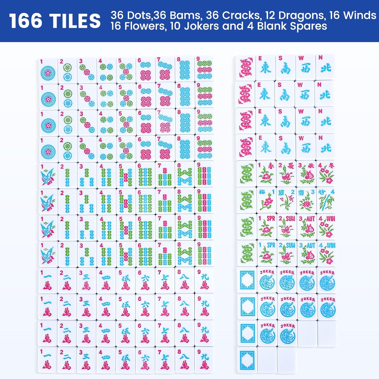 American Mahjong Tile Set,166 Blue Tiles Mahjong Set,4 Colors Mahjong Racks,Travel Mahjong Set with Blue Carrying Bag Blue Bag--Blue Tile