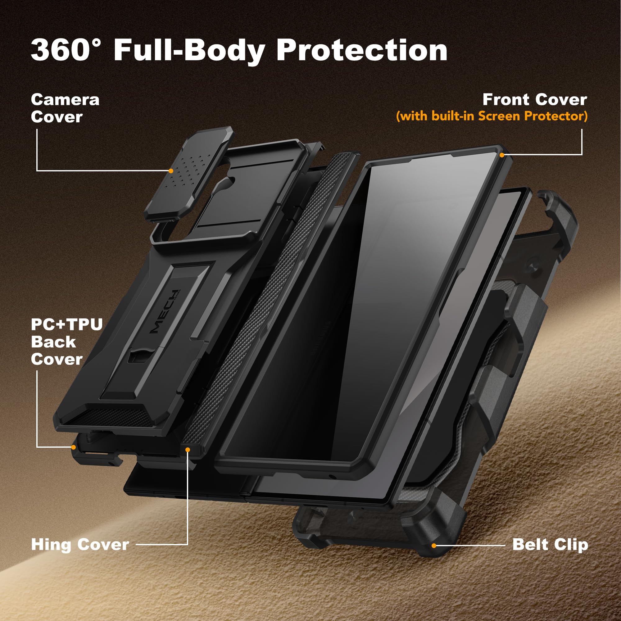 TONGATE Etui Z Fold 7 z osłoną ekranu prywatności, [wbudowana osłona aparatu przesuwnego i stojak] [Anti Spy] wojskowa obudowa na telefon do Samsung Galaxy Z Fold 7 z klipsem do paska, czarna