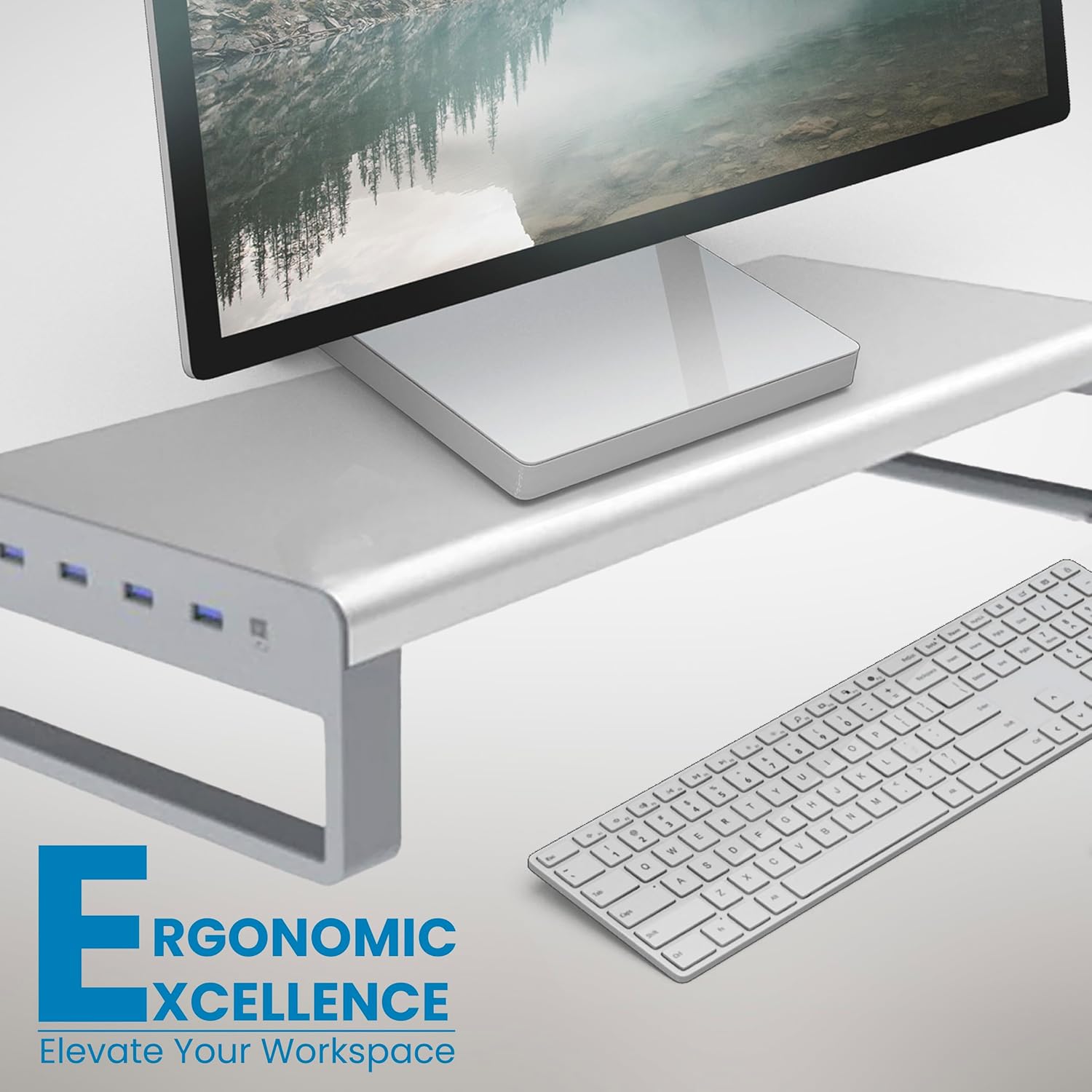 OTM Essentials Slim Aluminum Monitor Stand, Desk Riser with Non-Slip Padding and Tilted Surface, Versatile Home Office Essentials, Equipped with 4 USB Ports