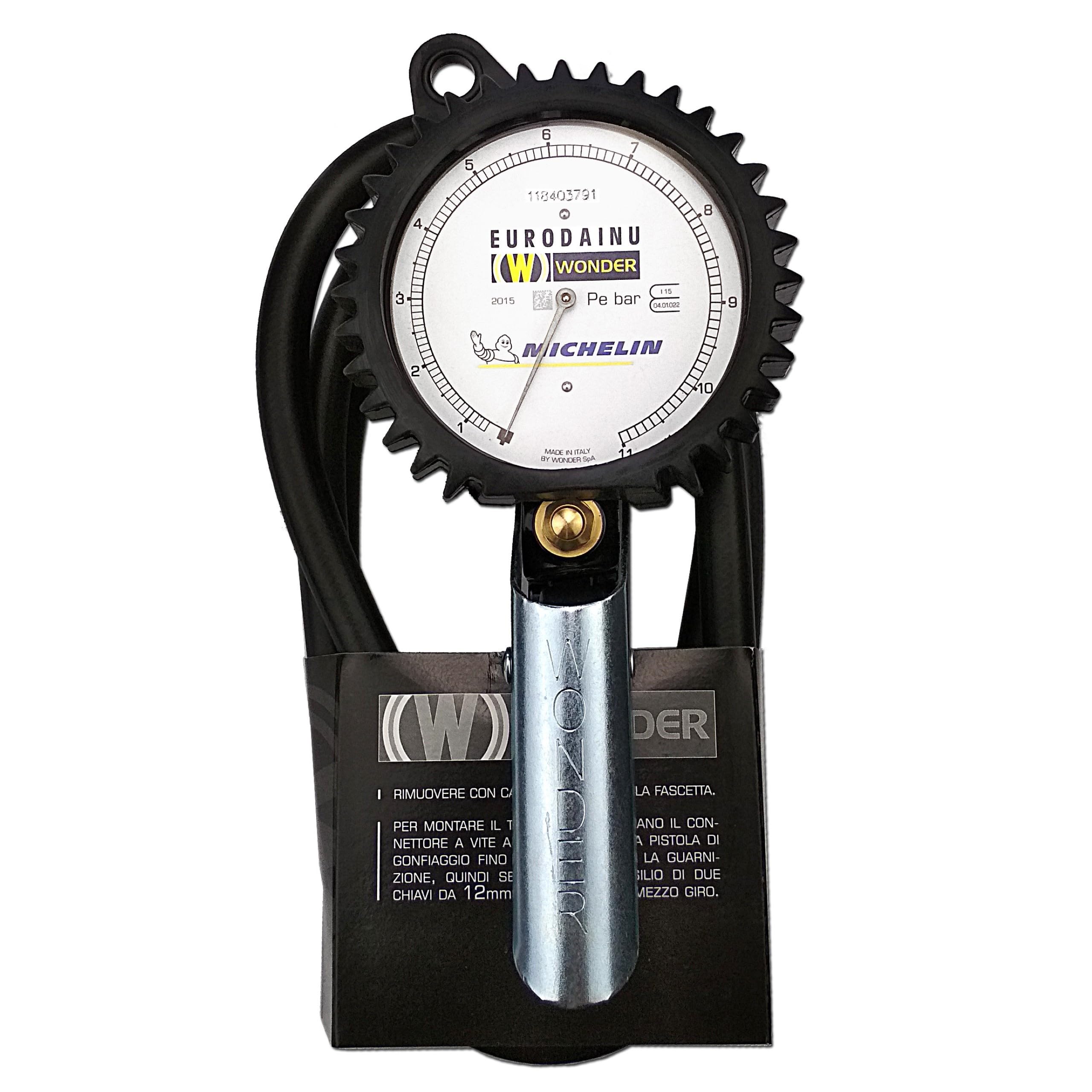 Wonder, Reifenfüller gaugeung EURODAINU 1991/CEE von Michelin, Dual Skala Bar (0,7–12) – PSI (10–174) Ø80 mm Manometer, 150 cm Schlauch, für Standard-Norm-Ventile