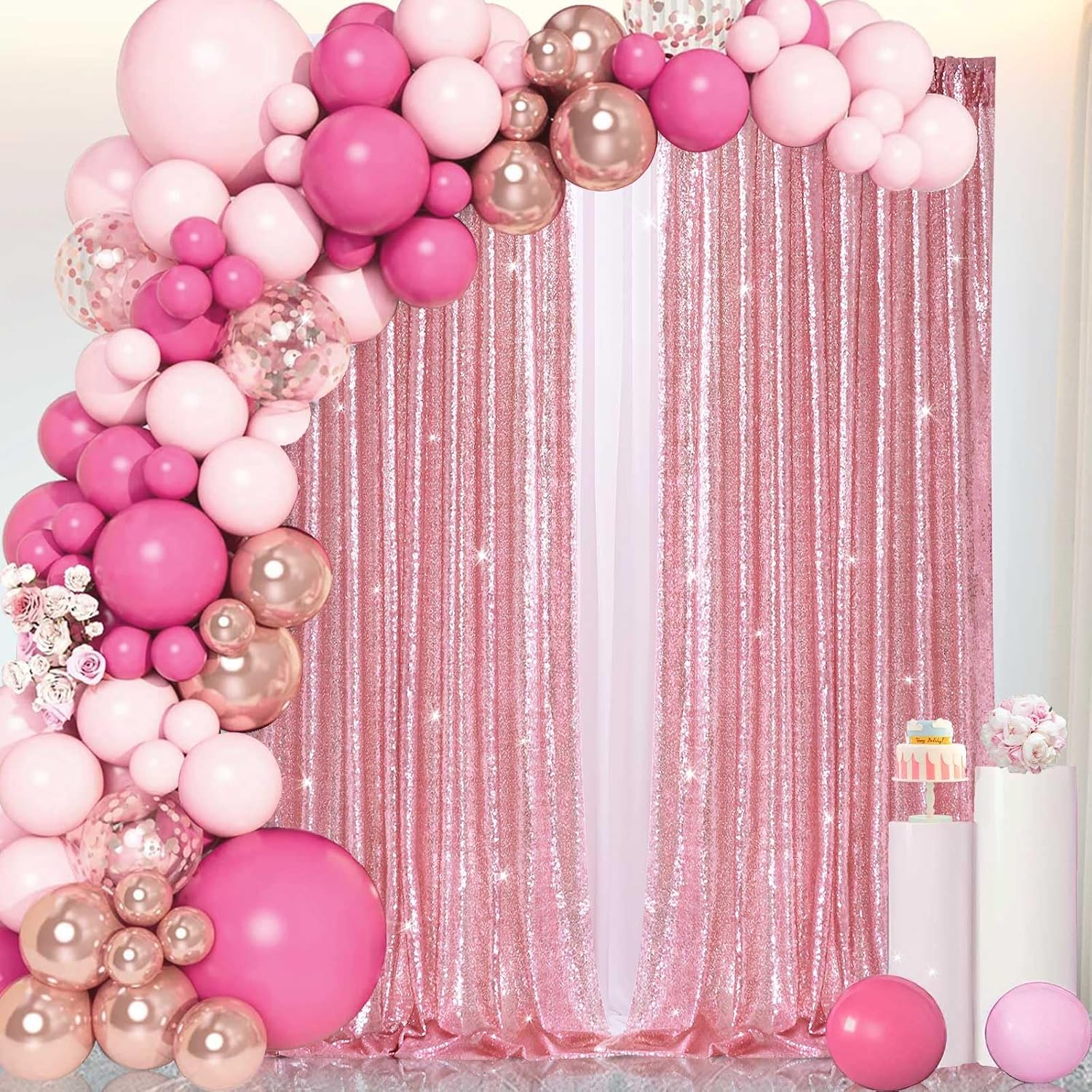B-COOL Pink Sequin Curtains Fuchsia Glitter Backdrop Curtain Panels 2 Panels 2FTx8FT Backdrop for Baby Shower Wedding Girls Party Sweetheart Birthday Decorations