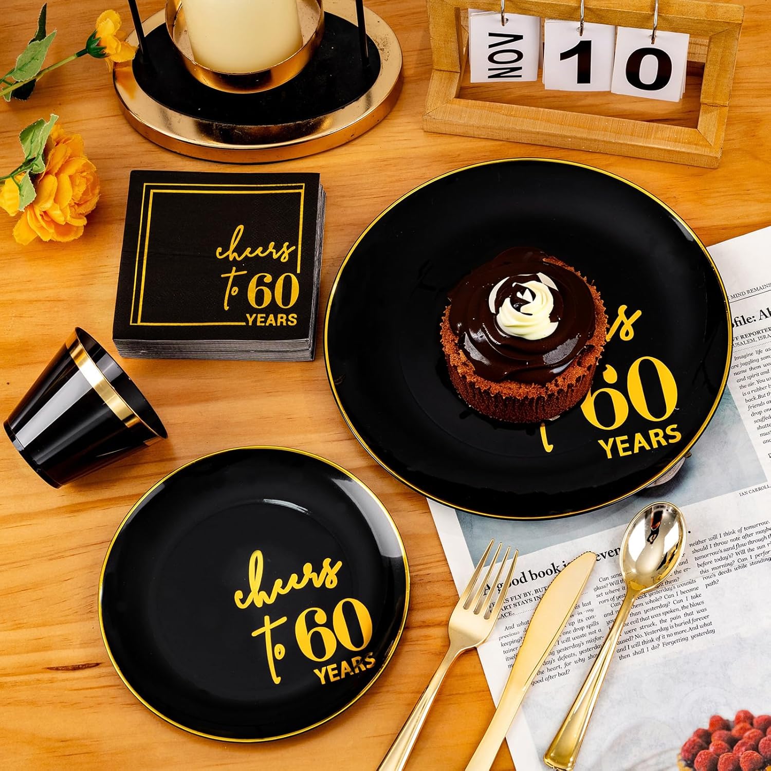 U-QE 20 Guests Black Plastic Birthday Plates - Include 60th Birthday Plates and Napkins, Gold Silverware, Gold Plastic Cups - Back in 1965 Party Plates for Men Women Cheers to 60 Years
