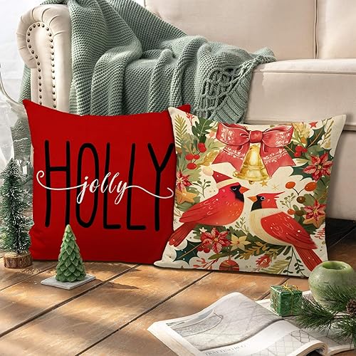 Miniatura 5 de Holly Jolly - Juego de 4 fundas de almohada de 18 x 18 pulgadas, diseño de flor de pascua cardenal y bayas rojas, fundas de almohada para decoración