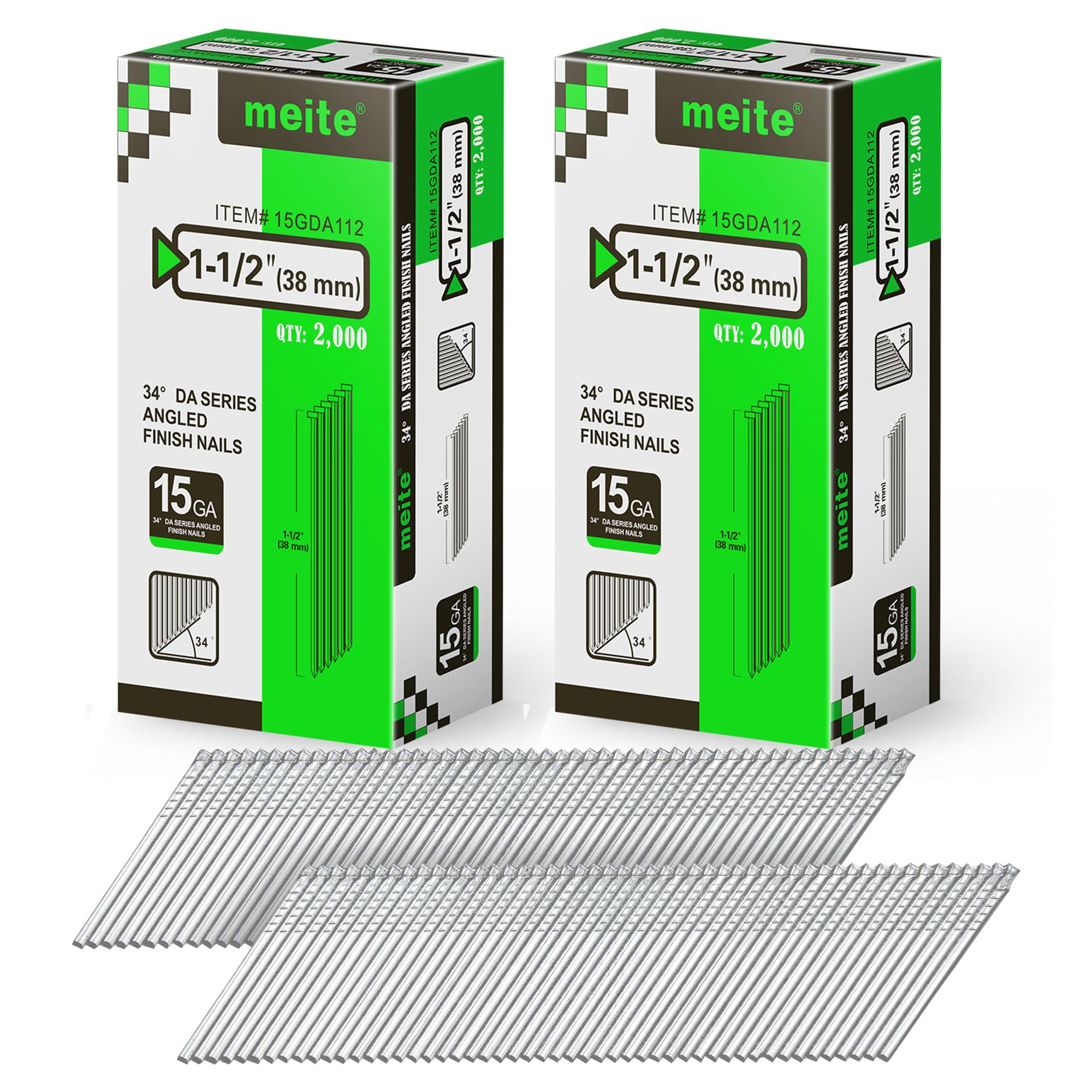 meite 15 Gauge Angled Finish Nails 1-1/2 Inch 34 Degree Galvanized 4,000PCS