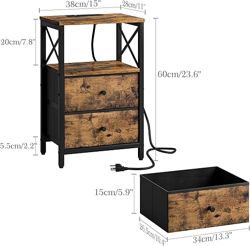 Miniatura 3 de Juego de 2 mesitas de noche con estación de carga, mesita de noche pequeña con almacenamiento, mesa auxiliar con puertos USB y tomas, con cajones de