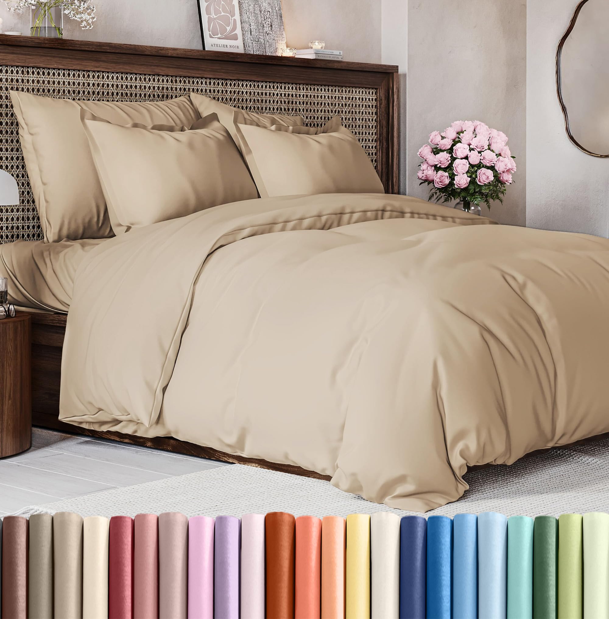 Duvet Cover Queen Size Set - Extra Soft Queen Size Duvet Cover 90 x 90 with 2 Pillow Shams - Hotel Luxury, Easy Care and Fade Free with Zipper Closures & Ties - Comfy, Breathable Bedding Set (Cream)