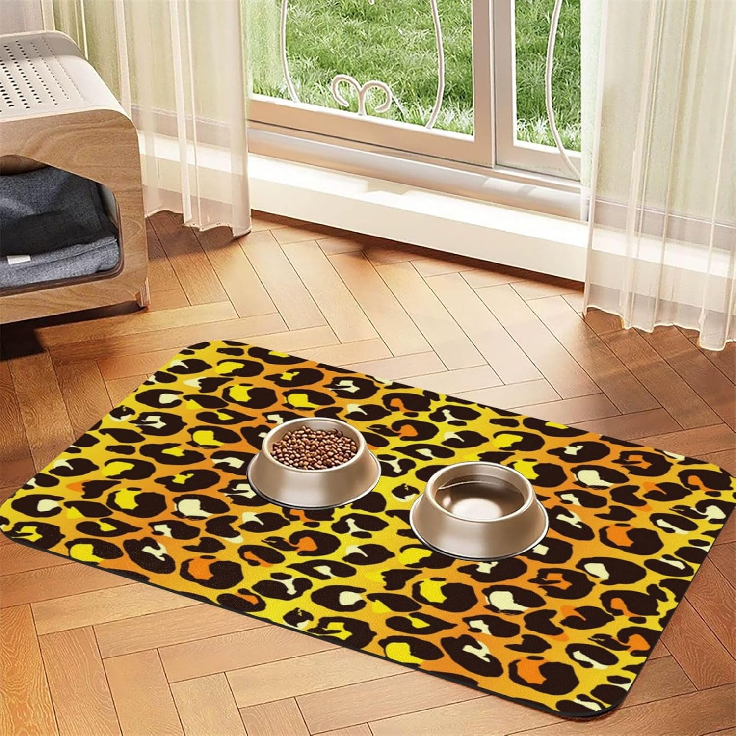 Yellow Leopard Print Pattern Pet Feeding Mat-Absorbent Quick Dry Pet Cat Dog Food Mat Non Slip Waterproof Rubber Dish Placemat