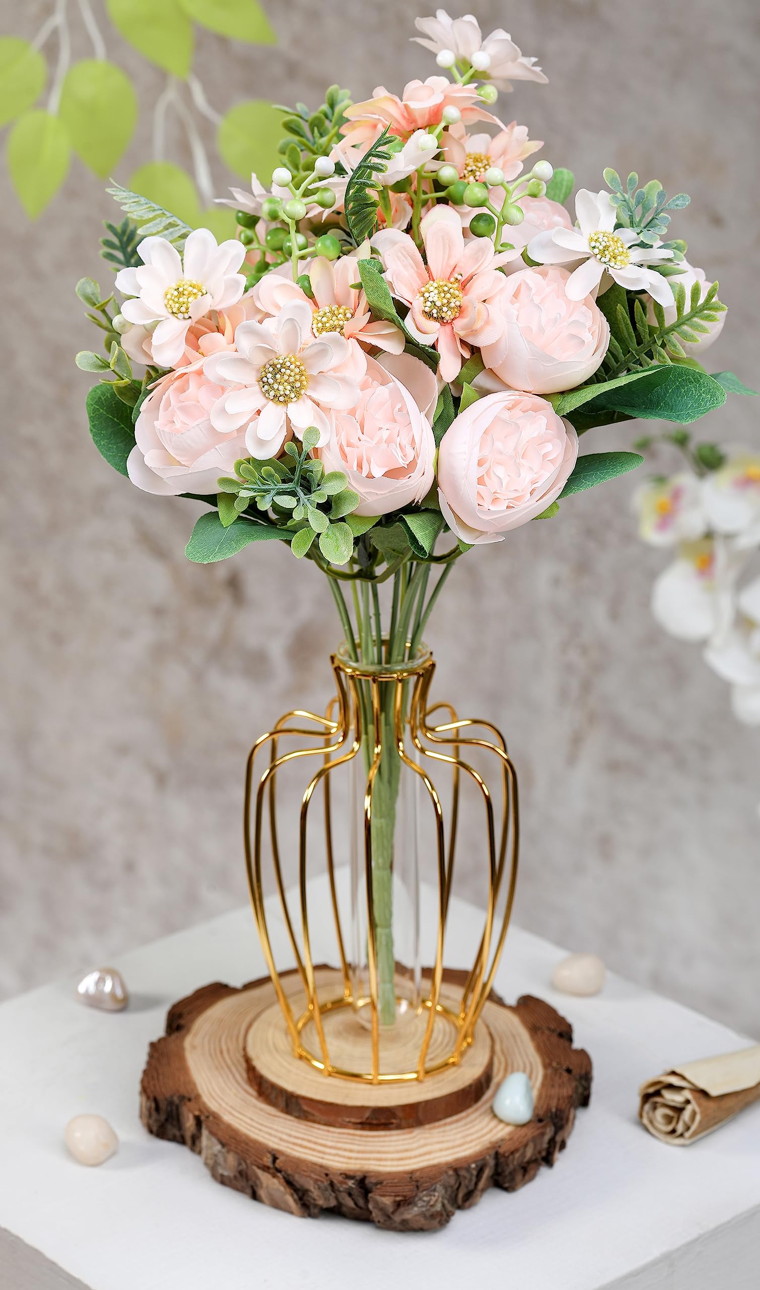 1 Pcs Artificial Multiflora Flower Roses Fake Sticks Bunch Decorative Items for Home Decor, Bouquets, Bedroom, Living Room, Diwali Decor Item (Without Vase)(Peach, Fabric)