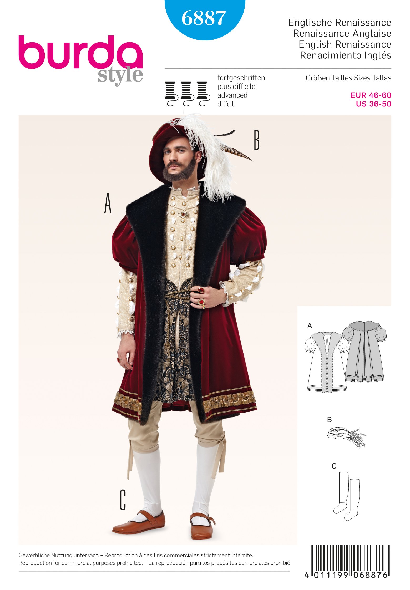 Burda Style Sewing Pattern B6887 Men's Renaissance Costume