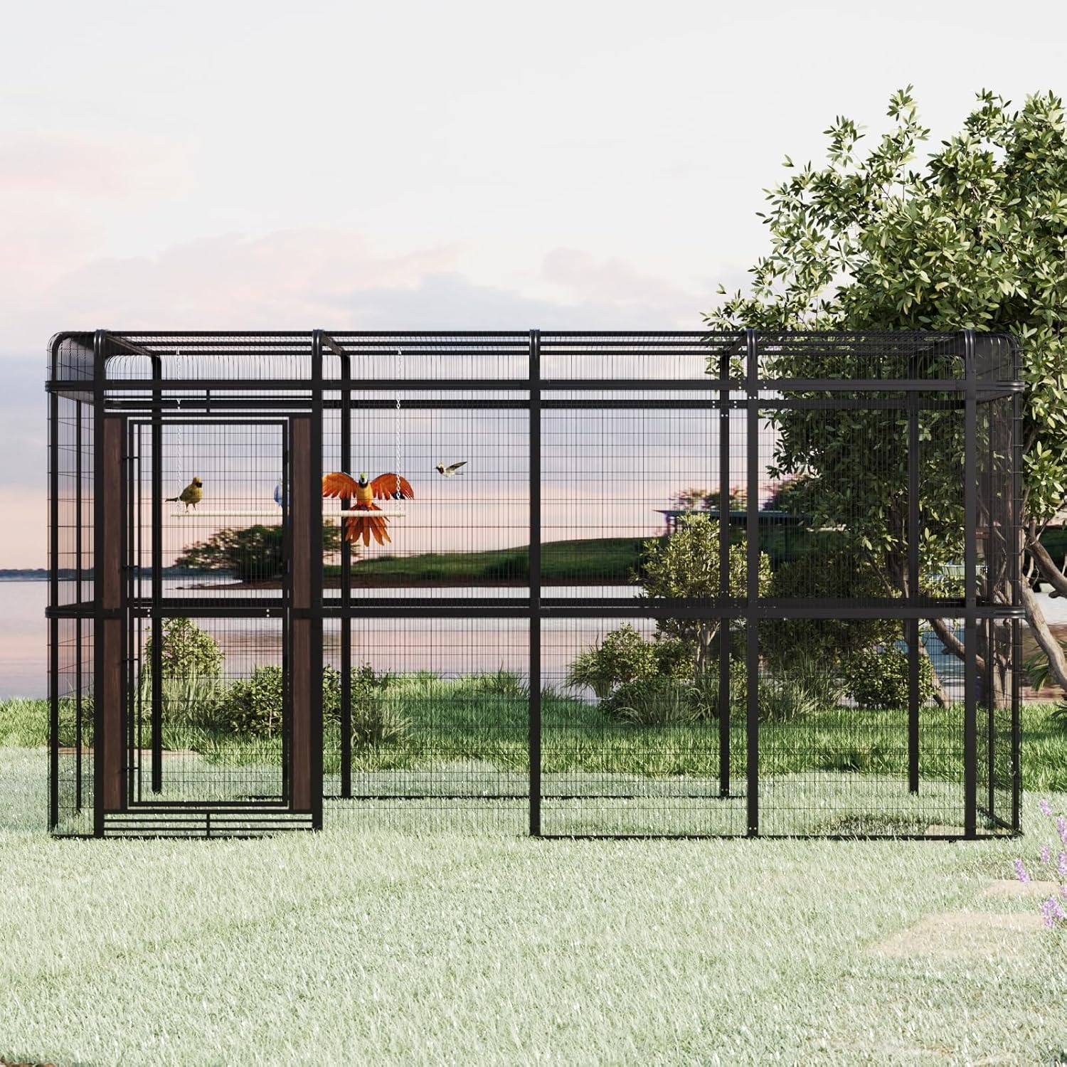 Outdoor Large Walk-in Cage 10FT Heavy Duty Bird Cage Carbon Crystal Board Aviary Parrot Cage Wide Flight Metal Birdcage (154" Black)