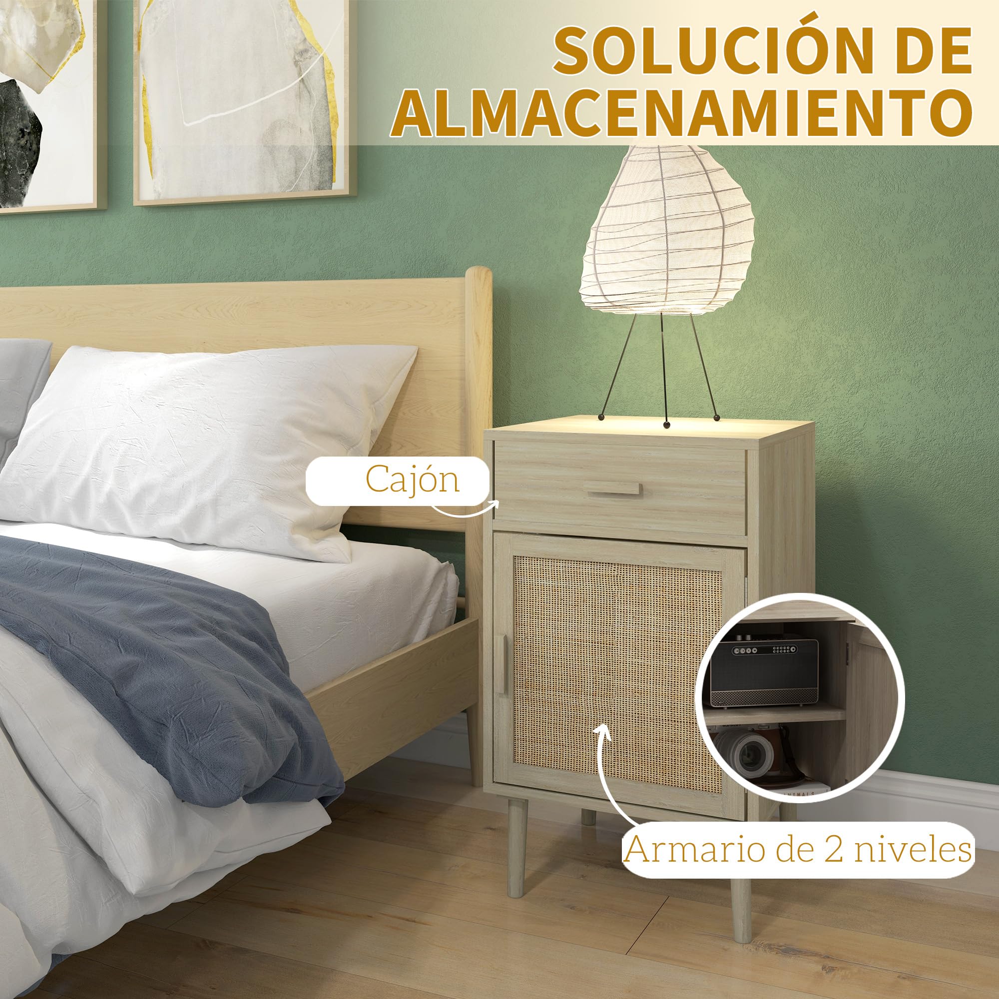 HOMCOM Juego de 2 Mesitas de Noche con Cajón de Ratán 40x40x68,5 cm Roble | Mesillas de Noche, Mesitas Auxiliares, Estante Ajustable, Pack de 2, Dormitorio, Salón