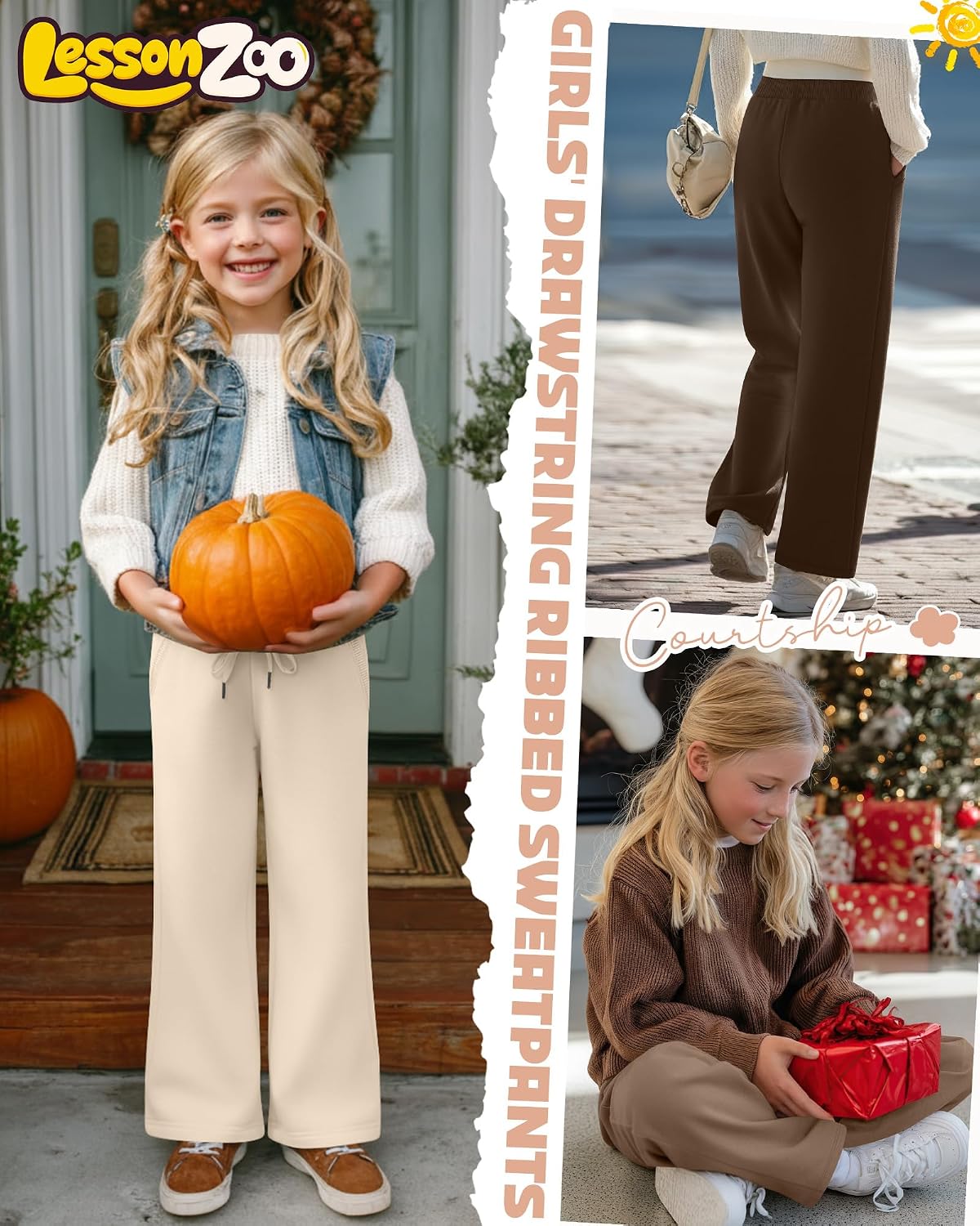 4 Pack Girls' Sweatpants Straight Leg Drawstring Kids Joggers Open Bottom Baggy Teen Pants with Pockets