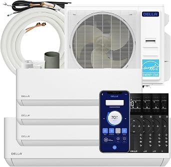 Della 42K BTU ODU 24 SEER2 208-230V Multi Zone Air Conditioner 4 Zone 3x9K 18K Mini Split Cools Up to 2200 Sq.Ft, Compatible with Alexa, Wifi Energy Efficient Pre-Charged Heat Pump Full Set