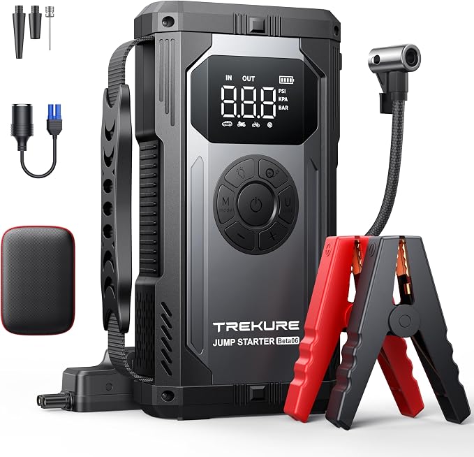 TREKURE 4-en-1 Arrancador de Baterias de Coche, 5500A Arrancador de Coches con Compresor de Aire (para All Gas o 10L Diesel), 150 PSI Inflador, 18W Carga Rápida y Pantalla LCD