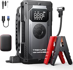 TREKURE 4-en-1 Arrancador de Baterias de Coche, 5500A Arrancador de Coches con Compresor de Aire (para All Gas o 10L Diesel), 150 PSI Inflador, 18W Carga Rápida y Pantalla LCD