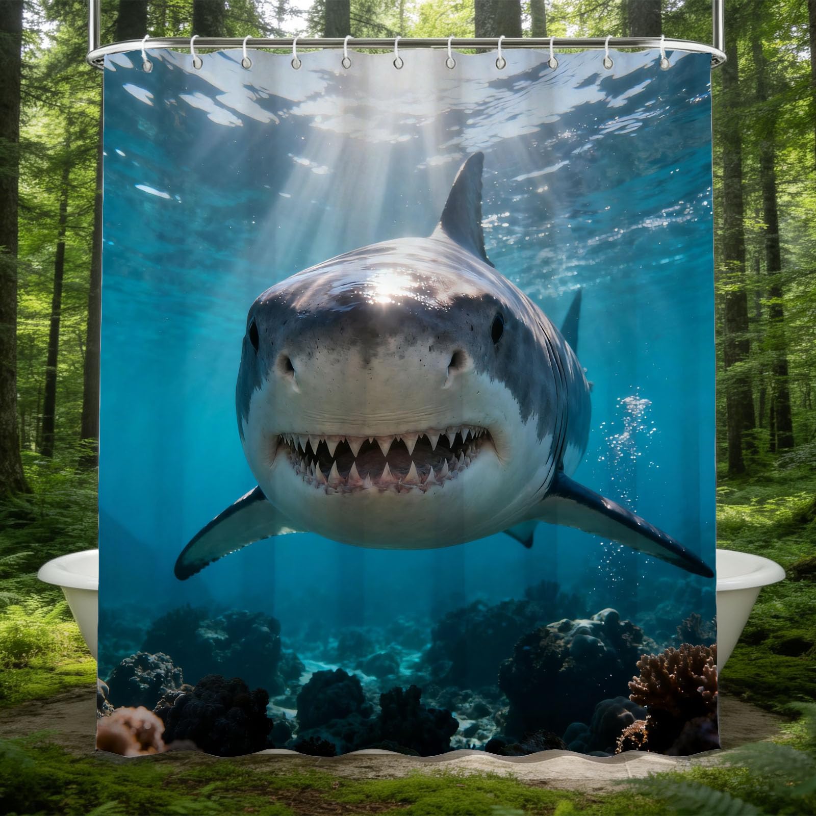 Hongduo 3D Shark Illustration Shower Curtain for Stalls Bathtubs Coral Bathroom Decor Shower Curtain Set Polyester Fabric Waterproof 180x200cm/71X79 Inch with Hooks