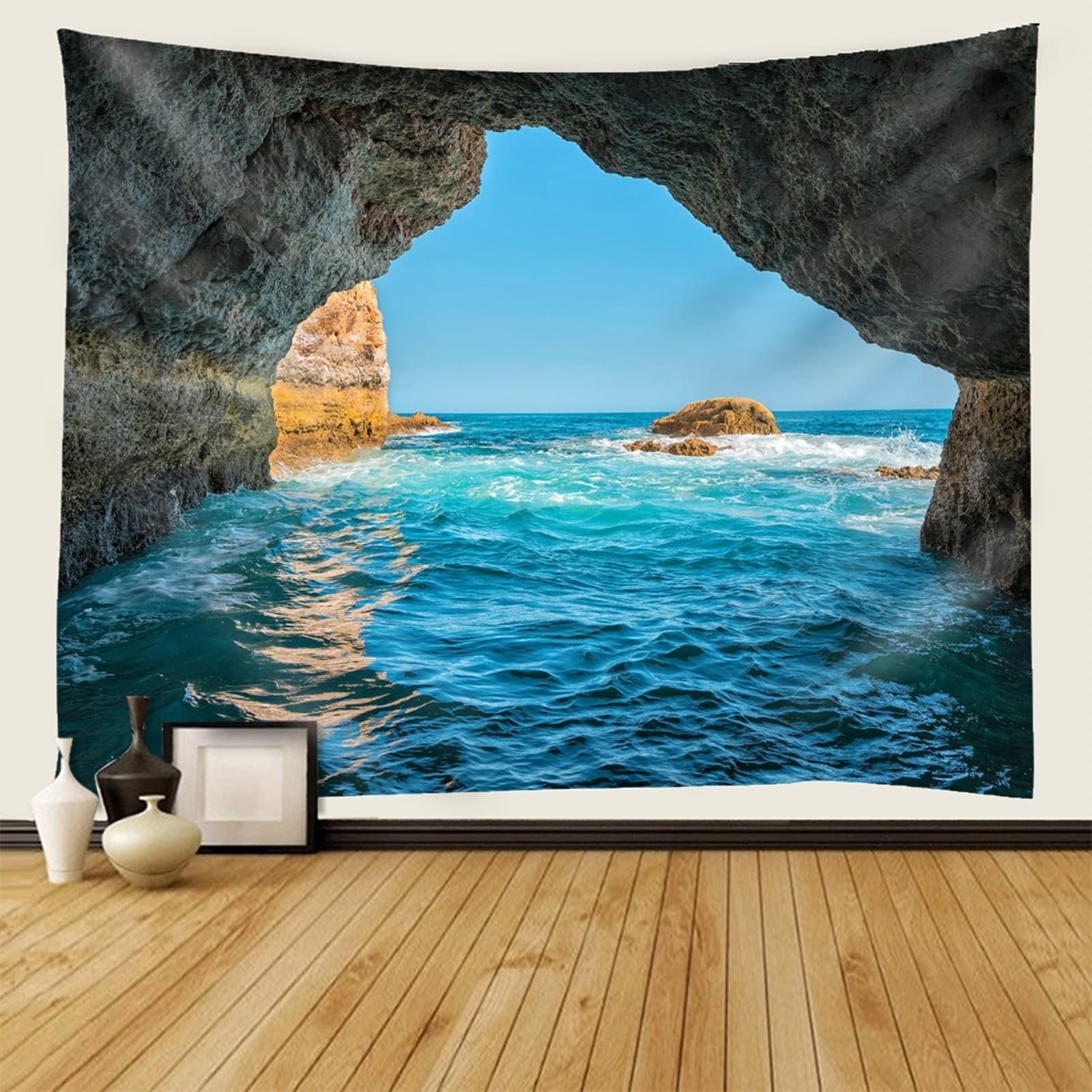 Tapiz decorativo para mesa de comedor, cueva de mar, microfibra azul, 200 x 200 cm (ancho x alto)
