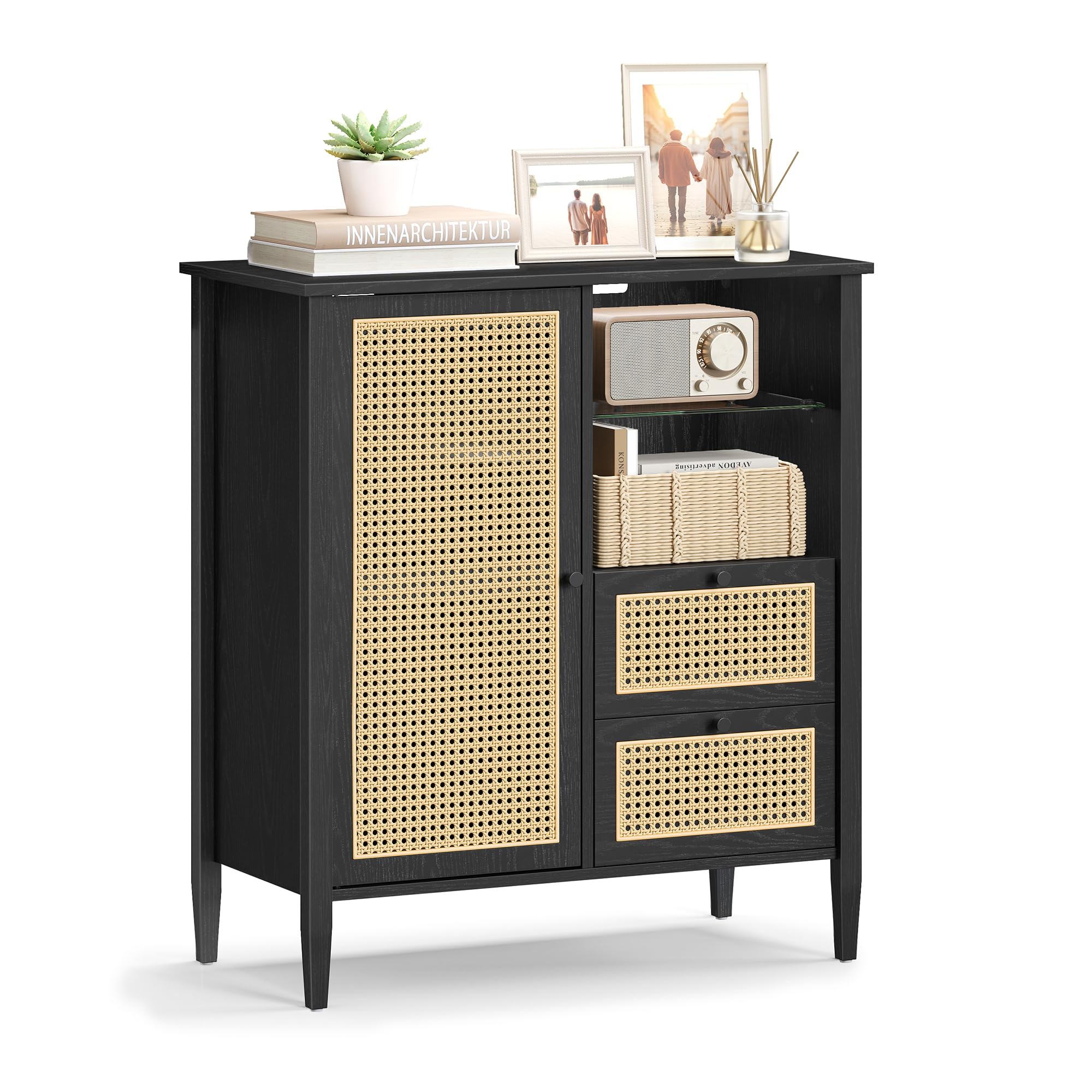 VASAGLE Boho Buffet Cabinet, Synthetic Rattan Sideboard with Drawers, Storage Cabinet with Adjustable Shelves, Ink Black UBBK242B01
