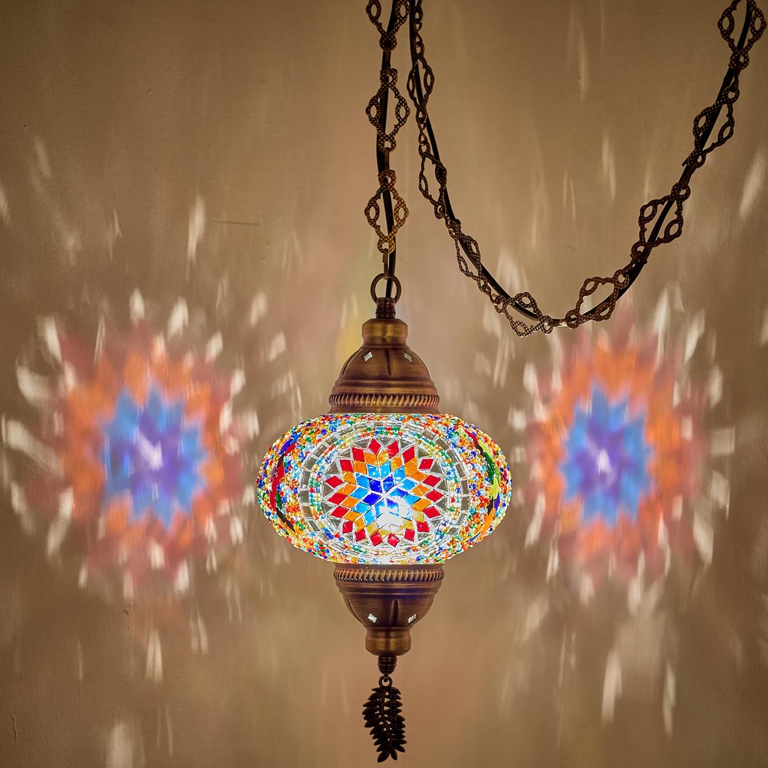 DEMMEX Plug-in Turkish Moroccan Mosaic Hanging Pendant Ceiling Light – Swag Lamp Fixture with 15ft Cord & Chain, Handcrafted Glass, Vintage Tiffany Style, Mediterranean Exotic Decor