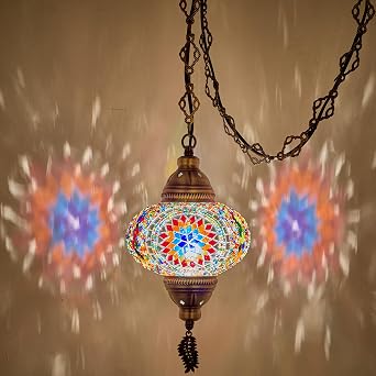 DEMMEX Plug-in Turkish Moroccan Mosaic Hanging Pendant Ceiling Light Swag Lamp Fixture with 15ft Cord & Chain, Handcrafted Glass, Tiffany Style, Mediterranean Decor Multi-Color