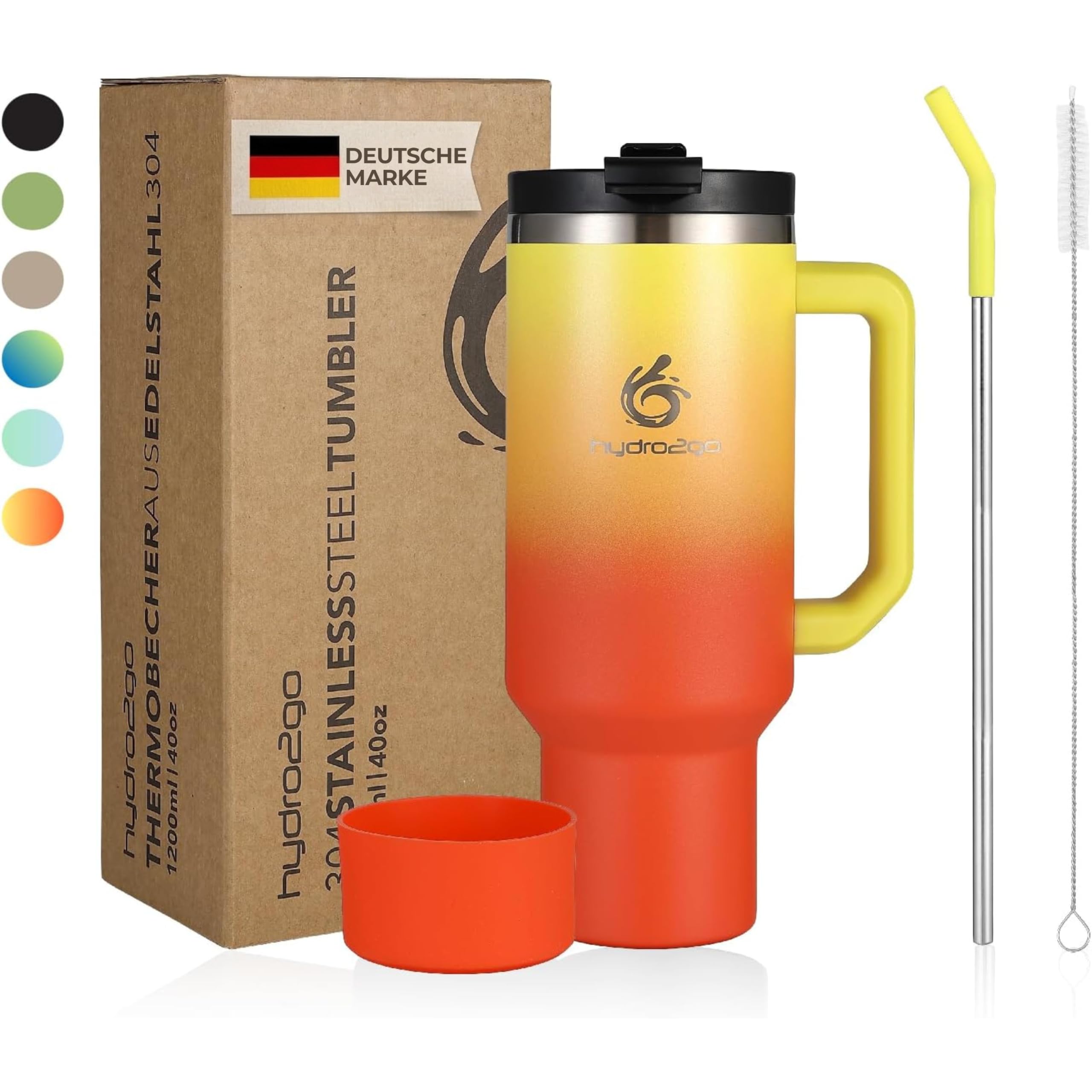 hydro2go® 1200ml/40oz Thermobecher, Kaffeebecher to Go, Isolierbecher mit Griff & Strohhalm, Reise- & Autobecher, Tumbler für Heiß- & Kaltgetränke (Sunset, 1200 ml) | thermobecher, kaffeebecher to go, isolierbecher mit griff und strohhalm, reisebecher, au