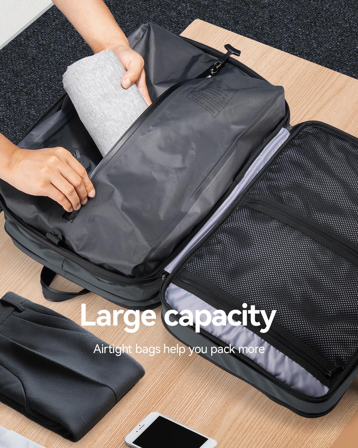 MS MARK RYDEN Vacuum Travel Backpack, 40L Expandable Compression Backpack, Vacuum Back Pack for Travel with USB Charging Port,Water Resistant Air Bag Backpack for Man