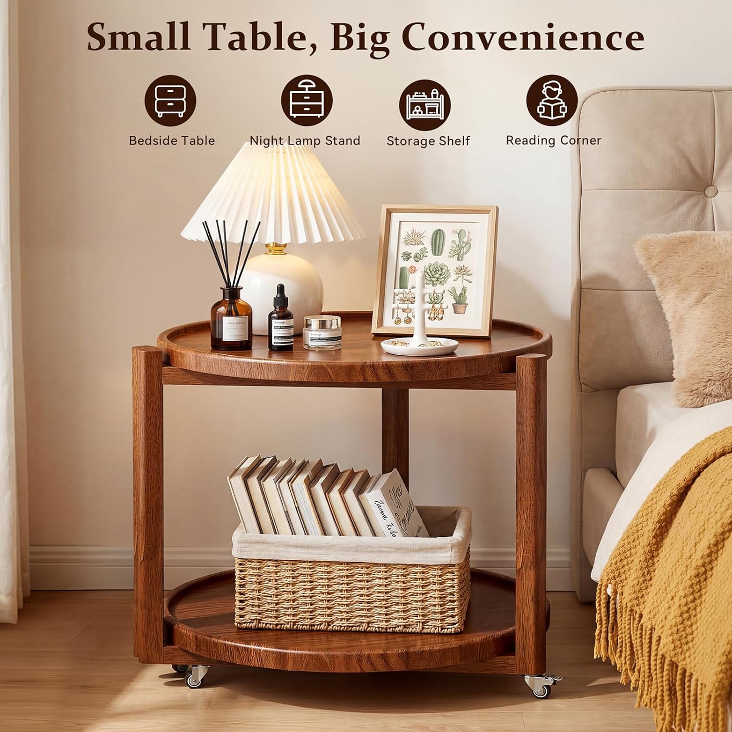Rolling Side Table with Wheels, 2-Tier Solid Wood Round End Table with Storage Shelf, Mobile Wooden Nightstand for Small Spaces, Living Room & Bedroom, Walnut (21.5-inch)