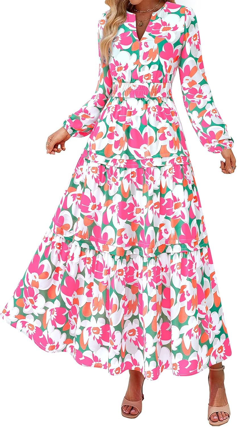 PRETTYGARDEN Womens 2026 Fall Fashion Clothing Boho Maxi Dresses Floral Long Sleeve Flowy Elegant Wedding Guest Holiday Dress