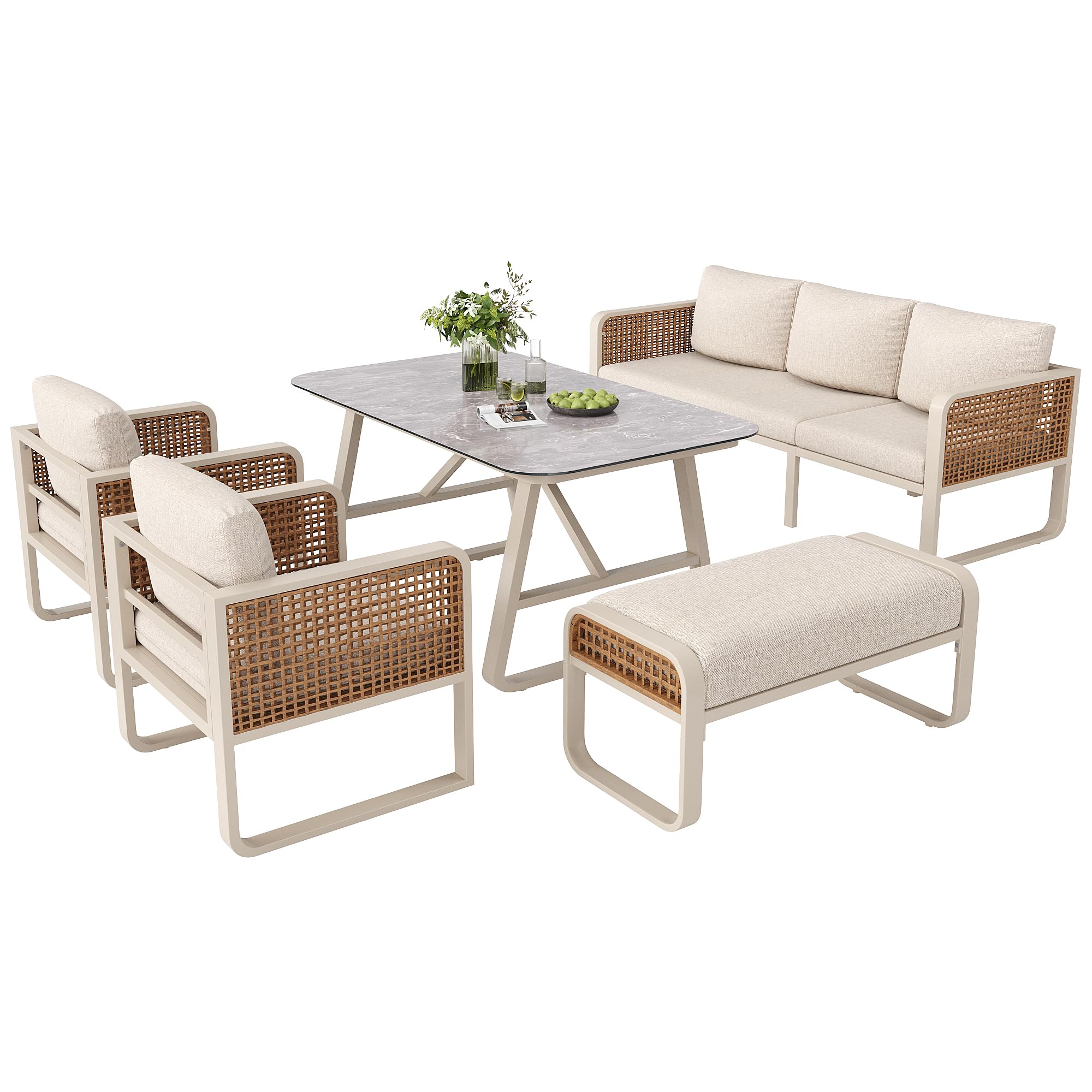 Juego de salón de jardín para 6 – 7 personas, ratán sintético, incluye mesa auxiliar, sofá de jardín con cojines lavables, patas ajustables para terraza, balcón, jardín, color beige