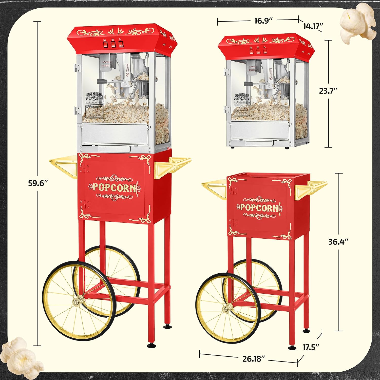 Foundation Popcorn Maker Machine with Cart - 8oz Stainless Steel Kettle Makes up to 48 Cups - Movie Theater Style Vintage Popcorn Machine Cart on Wheels by Great Northern Popcorn (Red)