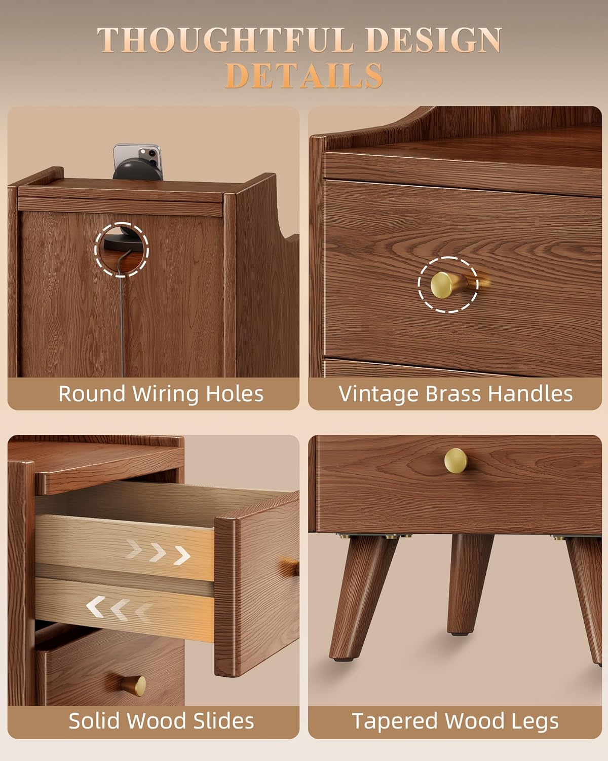 Narrow Nightstand with Drawers, 7.9" Solid Wood Nightstand with Open Shelf & Cable Hole, Modern Night Stand Slim Bedside Table for Small Spaces, Bedroom, Living Room, Study