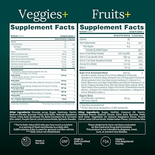 Miniatura 4 de (120 Masticables) Suplemento de Frutas y Verduras - Gomitas Super Greens (9 Superfrutas y 30 Verduras) Hongos, Vitaminas de Frutas y Verduras, Sin