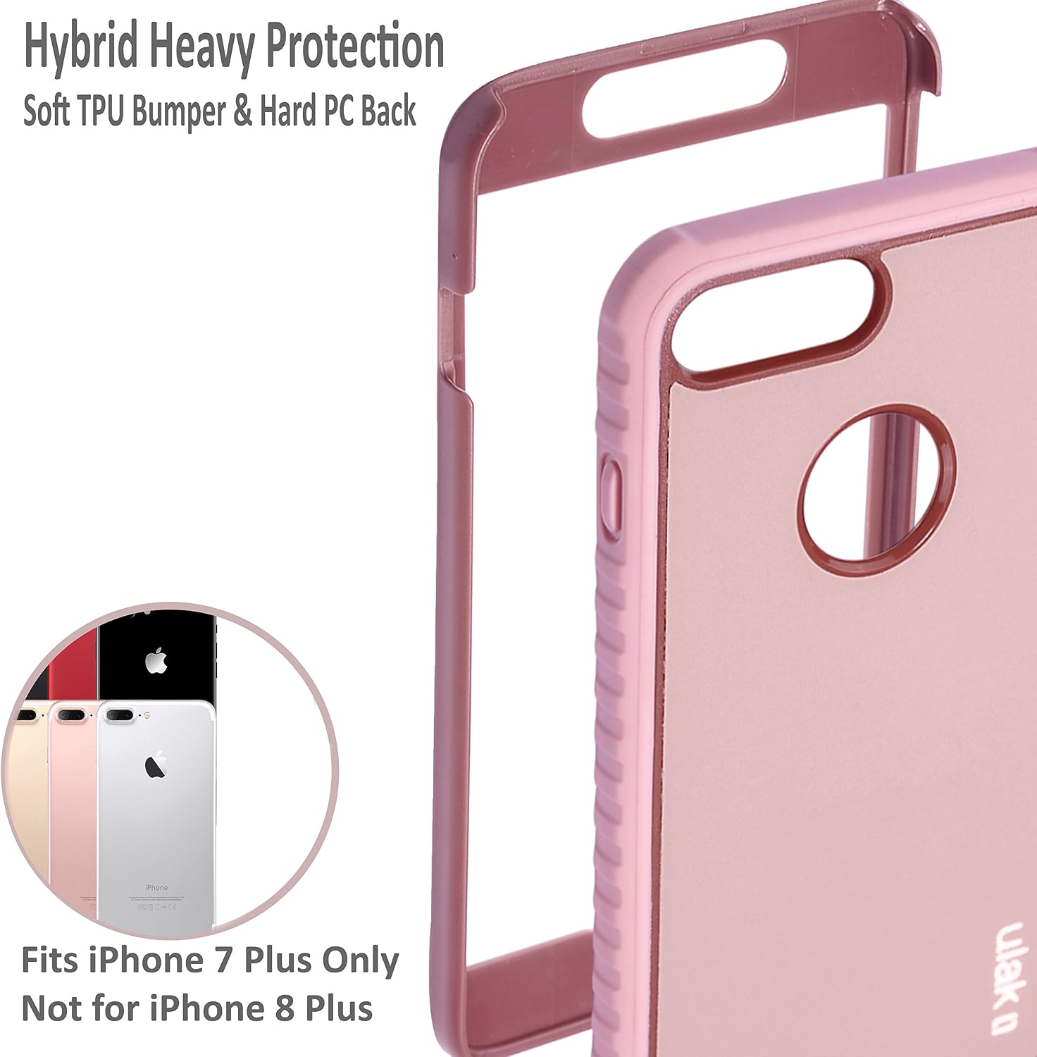 ULAK Compatible with iPhone 7 Plus Case, Heavy Duty Shockproof Protective Phone Case Design for Girls Women, Premium Hard PC Back with TPU Bumper Cover for iPhone 7 Plus, Rose Gold