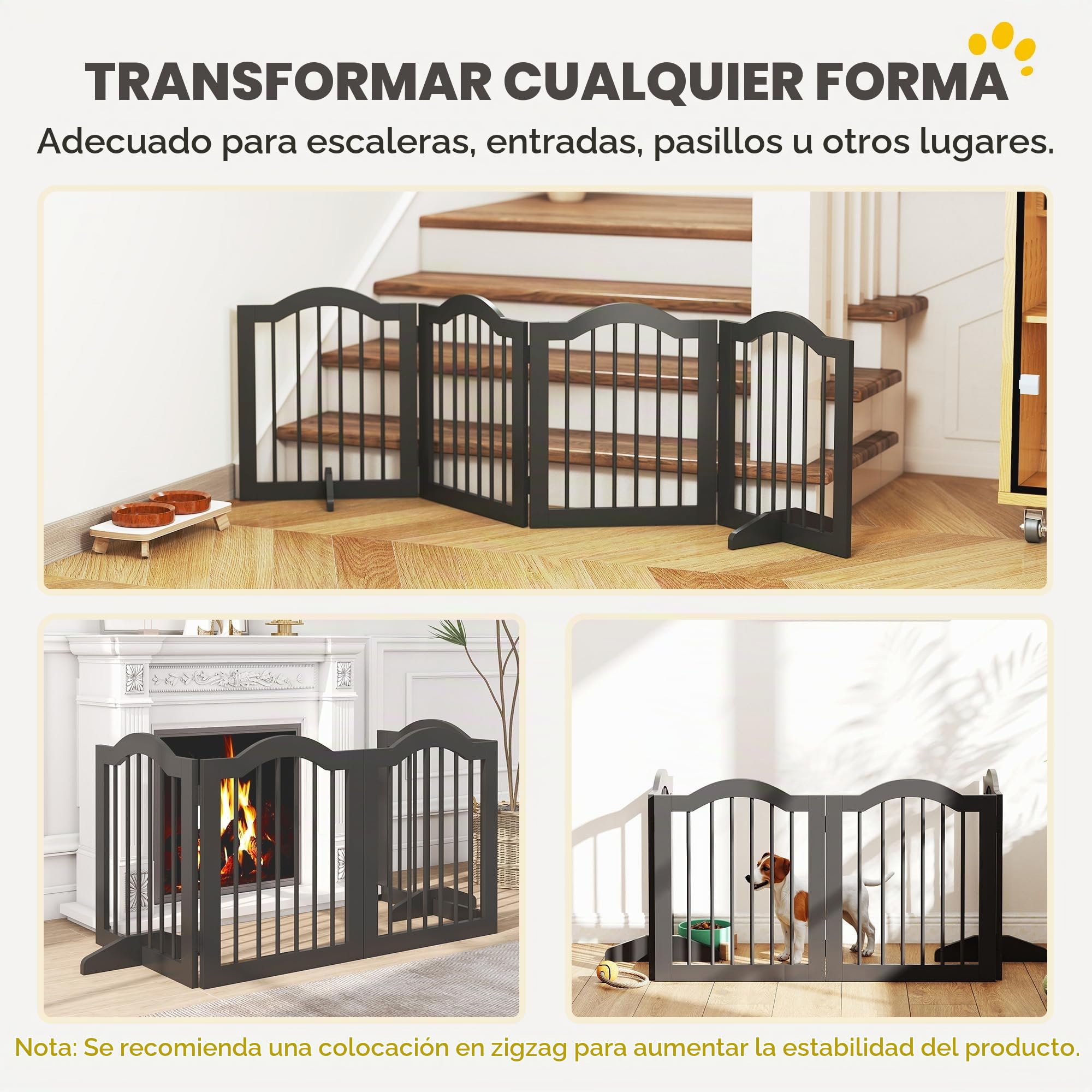 PawHut Valla Barrera Perro 4 Piezas, 208 x 61 cm Valla Plegable para Perros con Puerta, Valla Protectora de Puerta con 2 pies de Apoyo, Puerta de Escalera Independiente para Cocina, Pasillo, Negro | Rejilla para perros de 4 piezas con puerta, con 2 patas