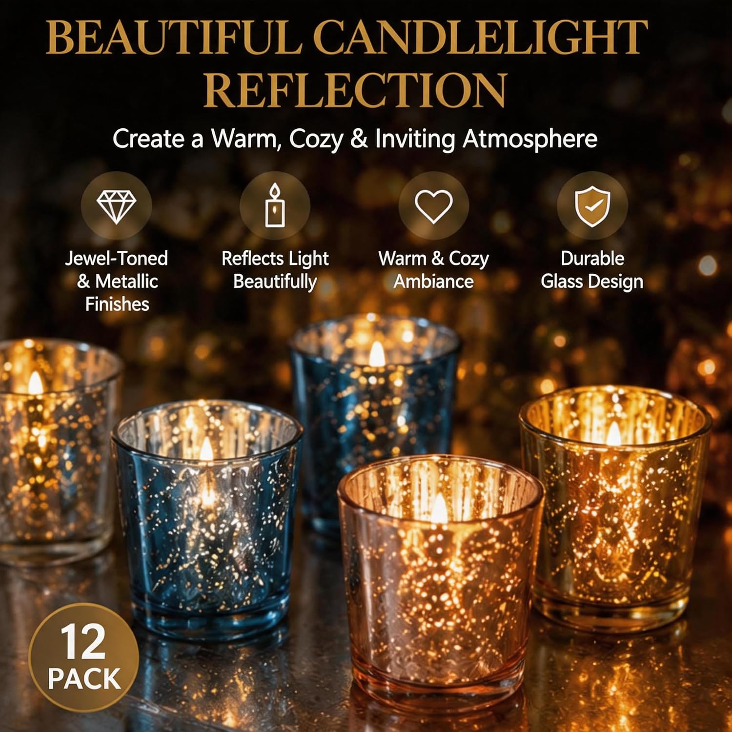Votive Candle Holders Set of 12 (Blue, Silver, Gold & Champagne) - Colored Glass Tea Light Candle Holders for Home Decor, Weddings, Parties and Table Centerpieces.