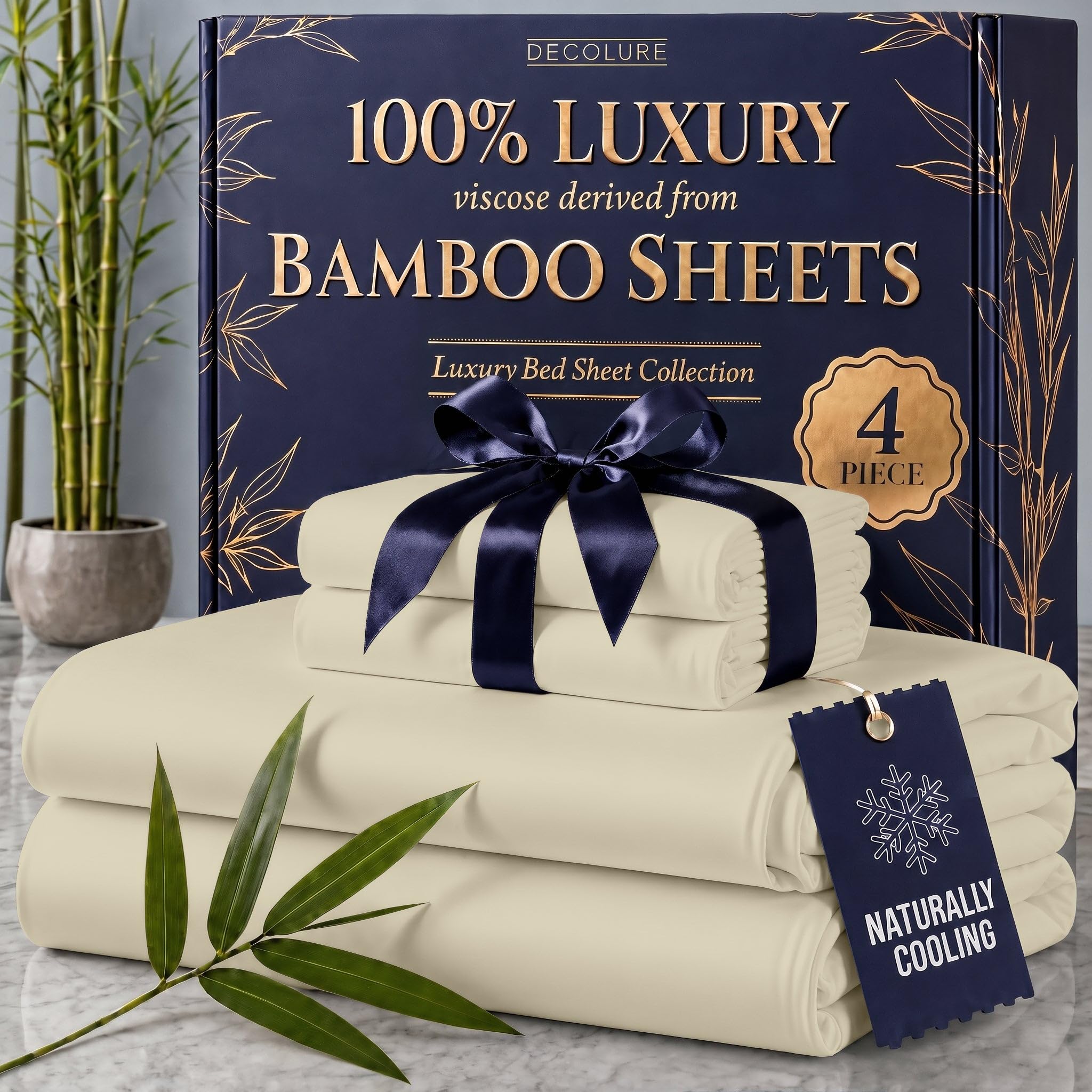 DECOLURE 100% Organic Bamboo Viscose Sheets Queen Size 4 pcs
