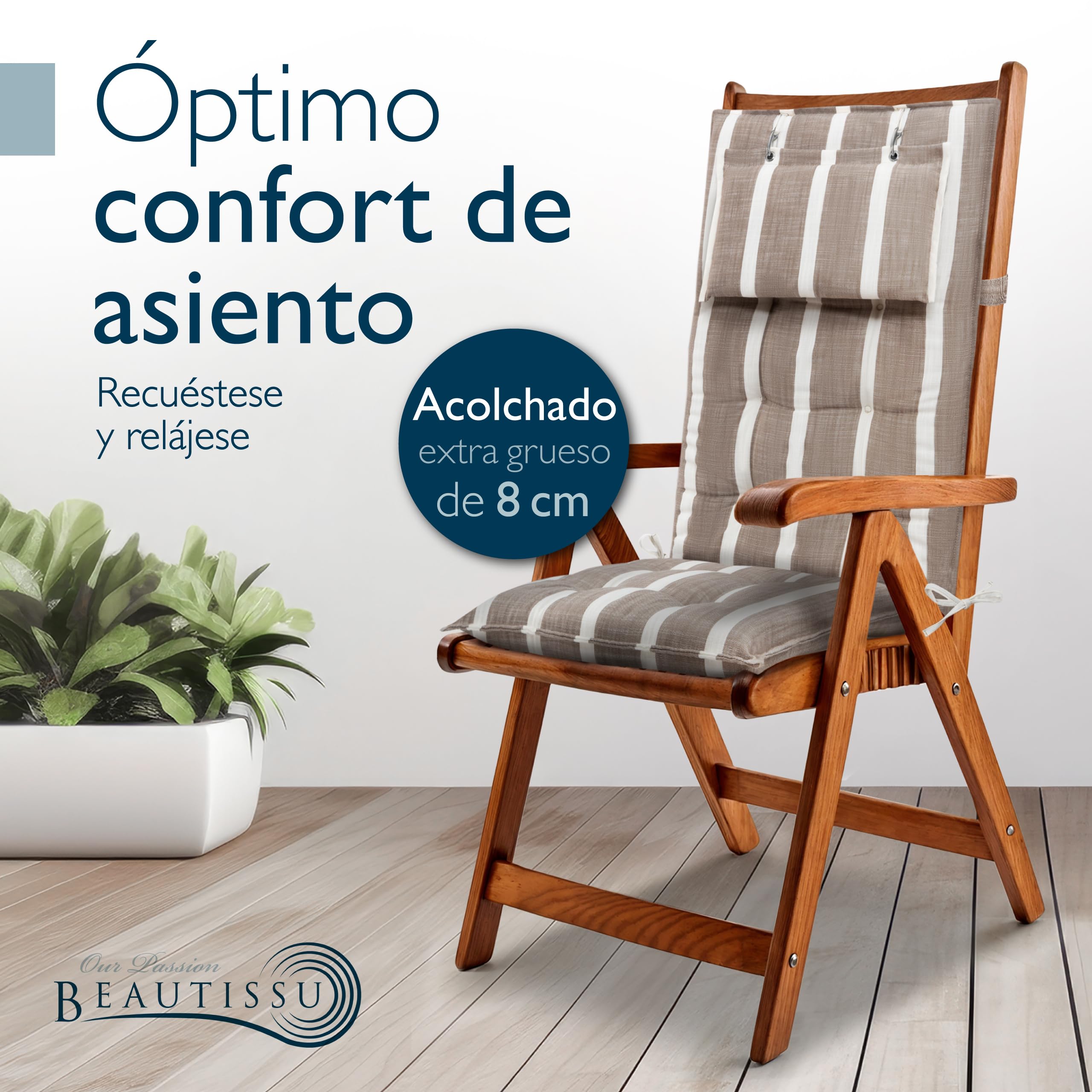 Beautissu Set 2 Premium Cojin Silla Jardín con Respaldo Alto y Almohadilla 120x50cm Sun-HL – Resistencia UV 8cm Grosor Acolchado Cojín Exterior con Respaldo Antideslizante – Rayas Beige Blanco