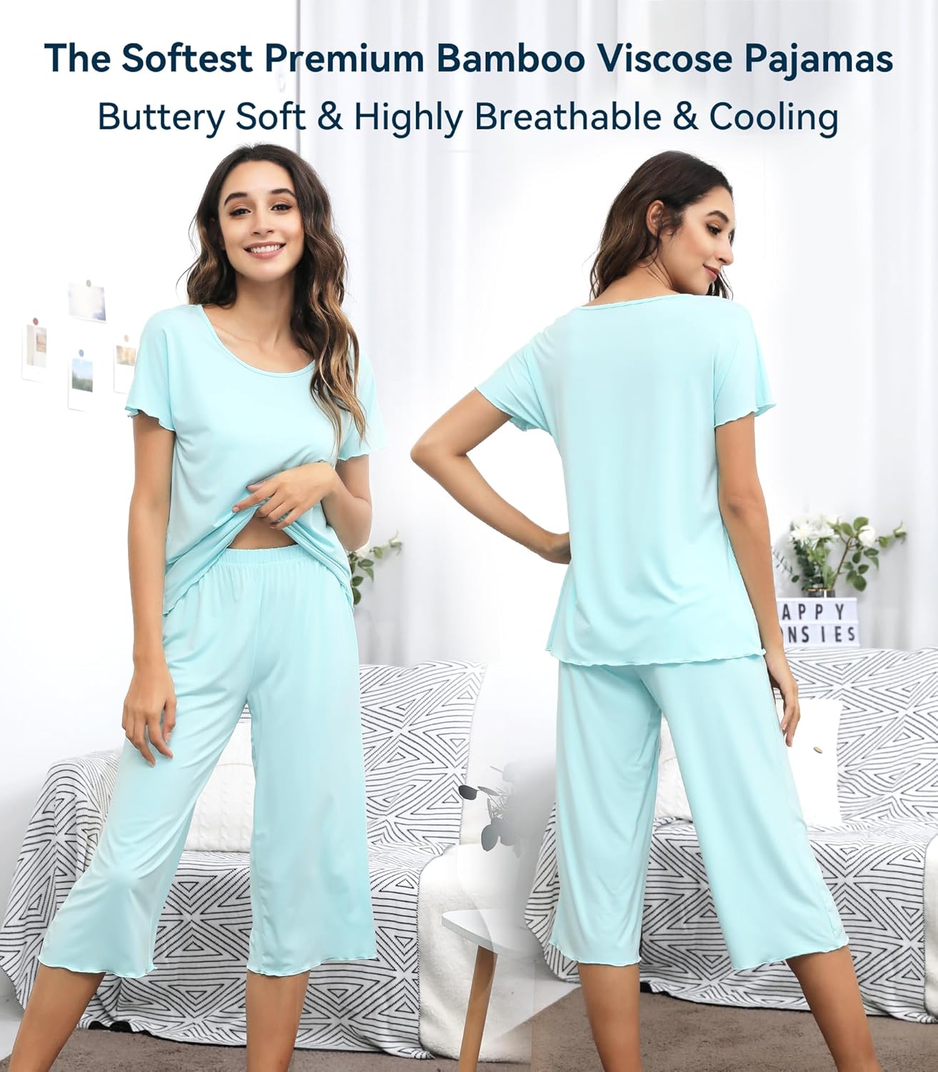 WiWi Pajamas for Women Super Soft Pajama Sets Cooling Short Sleeve Top Capri Pants Viscose from Bamboo Sleepwear Pjs S-4X - Image 3