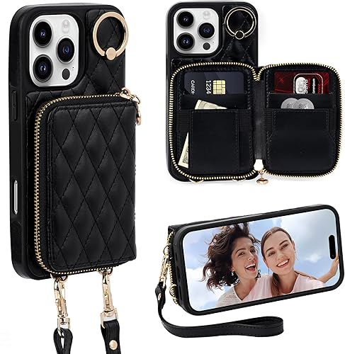 Miniatura 60 de Keallce Funda para iPhone 15 Pro Max de 6.7'' Funda Cartera, Bolso Bandolera con Cremallera Monedero Pulsera para Mujeres, Portadores de Tarjetas