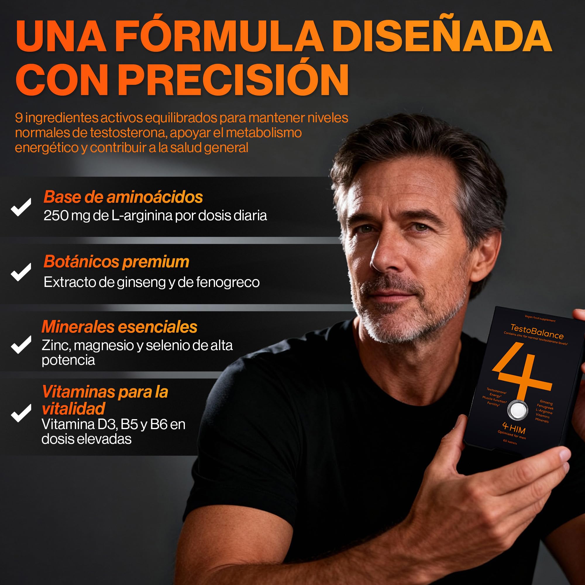 4 HIM TestoBalance Suplementos Testosterona Hombre – ZMA, Ginseng & Fenogreco – Zinc para Niveles de Testosterona – Magnesio, B6, L-Arginina & Selenio – 60 Tabletas Veganas – Certificado GMP