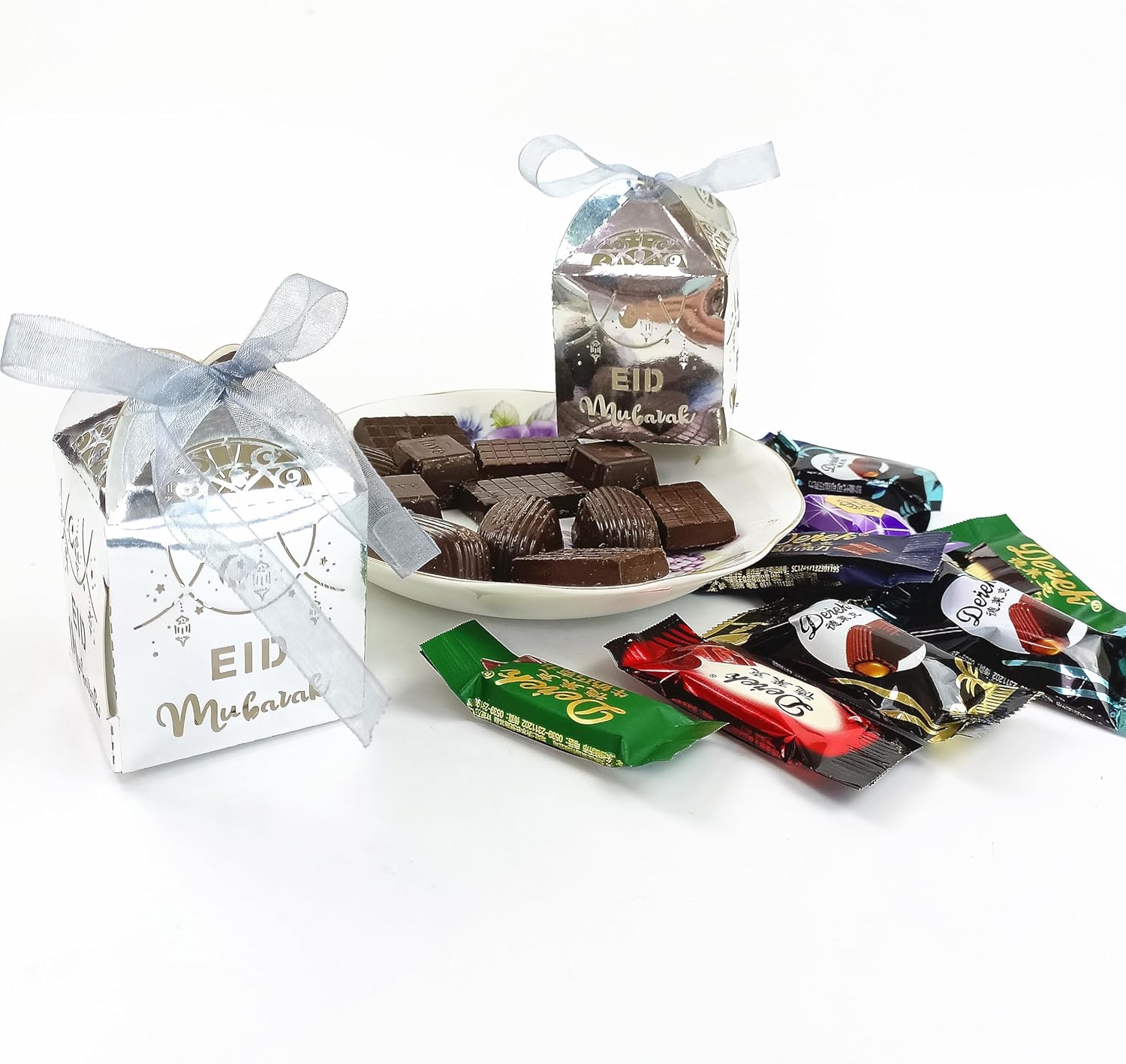 KYMY 30pcs Eid Mubarak Candy Boxes,Golden Color Muslim Ramadan Goodie Candy Gift Boxes for Snack Sugar Chocolate,Eid Mubarak Hollow Gift Wrap Boxes with Ribbon for Eid Party Decorations, Silver - Image 3