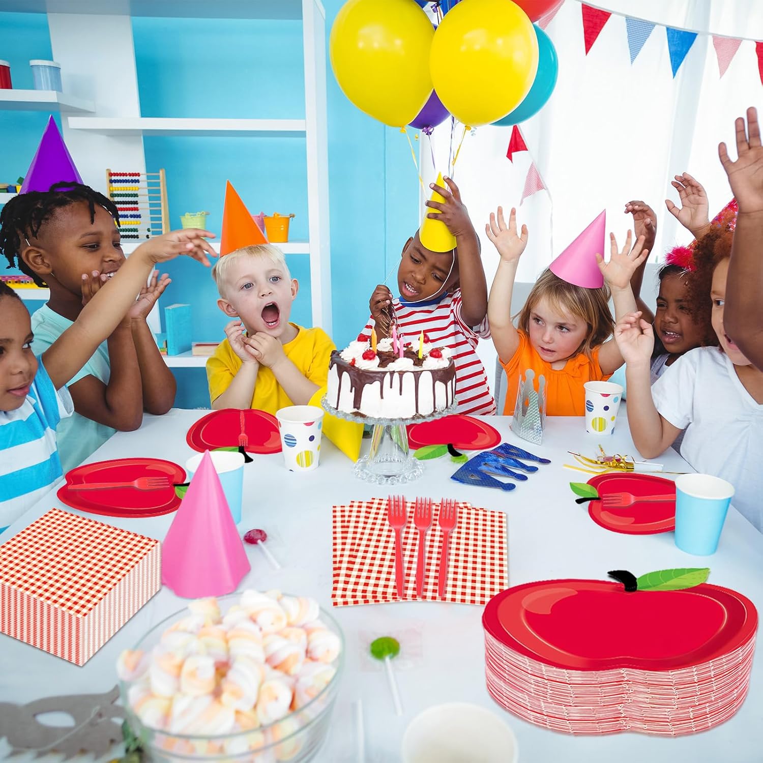 100 Pcs Apple Party Supplies Set, Serves 25 – Disposable Apple-Shaped Paper Plates, Red Gingham Napkins, and Forks, Fruit Themed Tableware for Teacher Appreciation, and Back to School Decorations