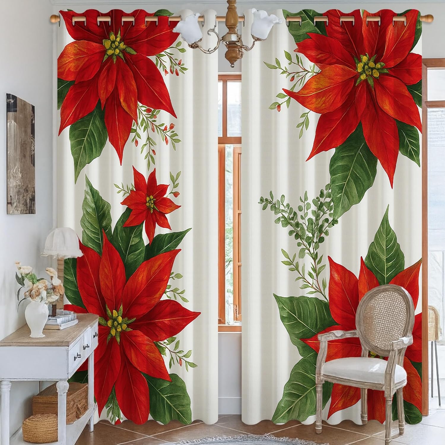 Poinsettia Blackout Curtains, Holiday Floral Leaf Flower Christmas Red Machine Washable Window Curtain Panels for Living Room Home Office Window Decor 52x63 Inch