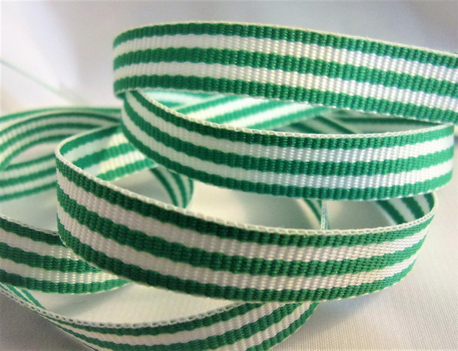Grosgrain Ribbon - Emerald Green and White Stripes - 3/8 Wide - 10 Yards - Hair Bows & Holiday Crafts
